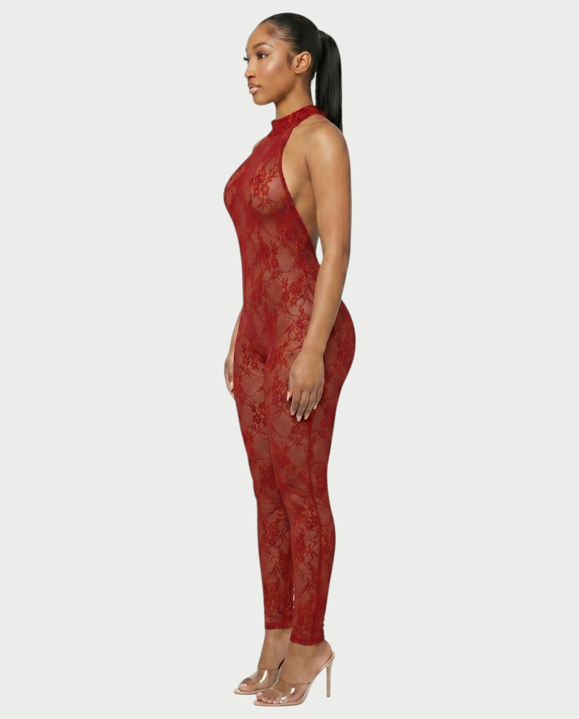 QIRELLA Sheer Lace Backless Bodycon Jumpsuit