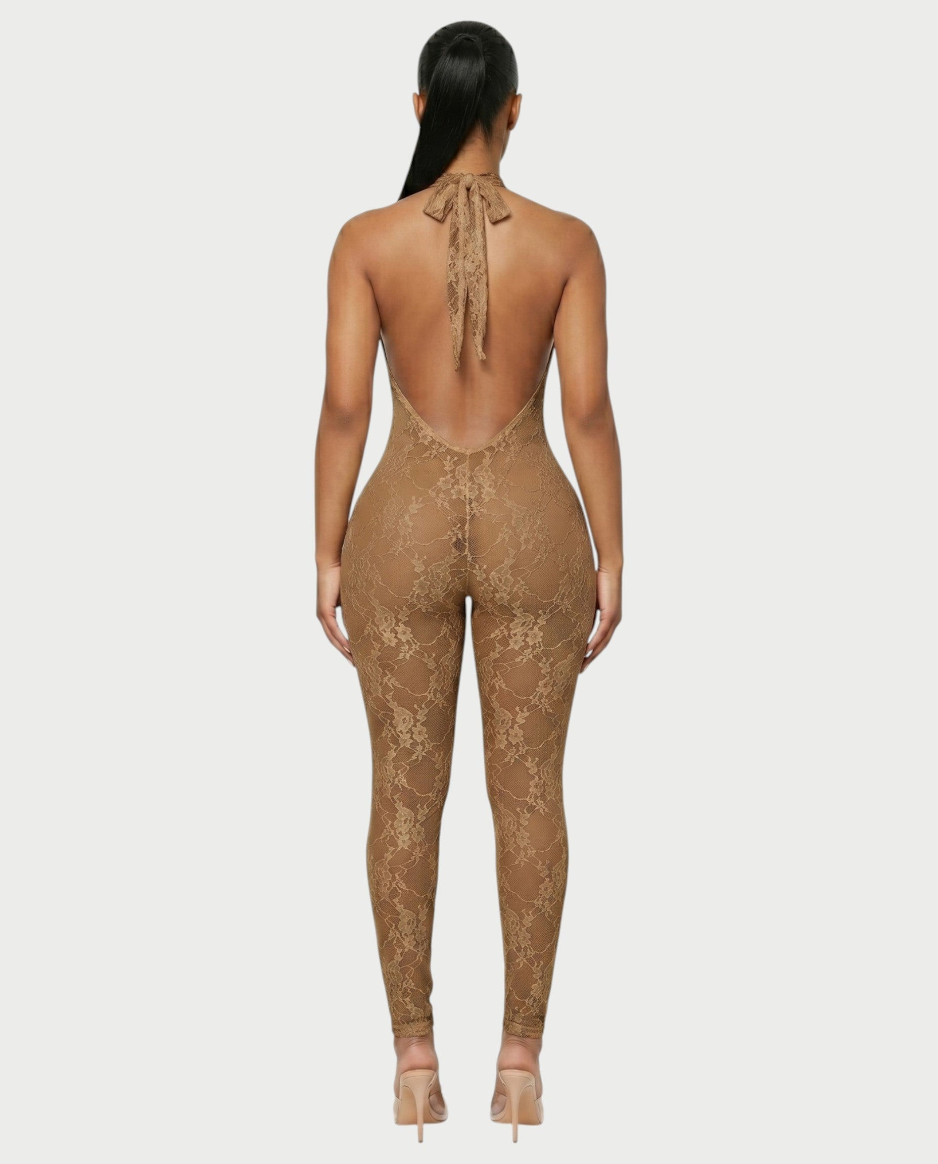 QIRELLA Sheer Lace Backless Bodycon Jumpsuit