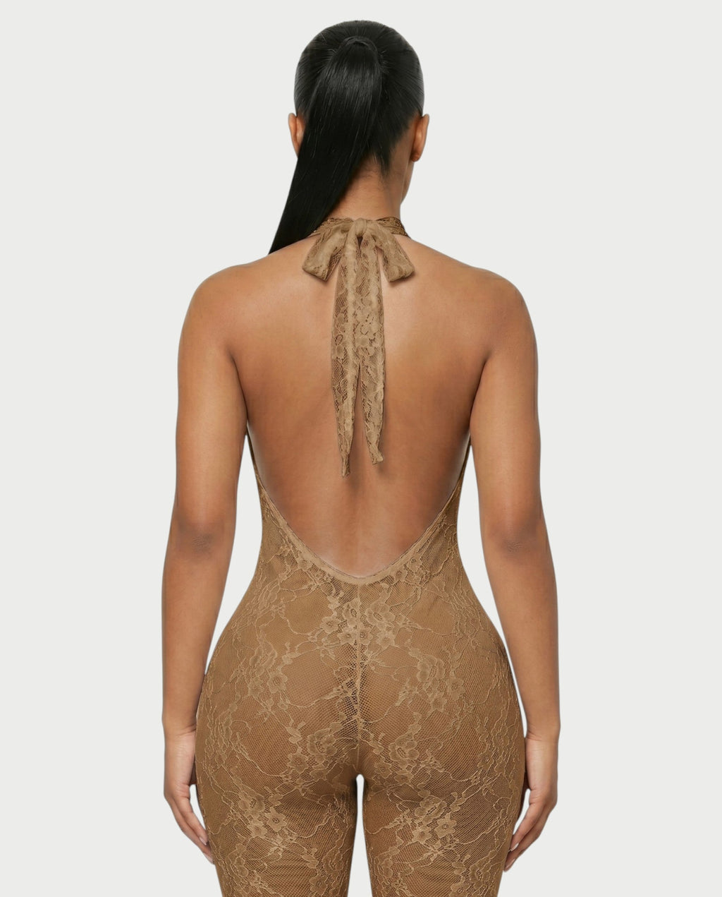 QIRELLA Sheer Lace Backless Bodycon Jumpsuit