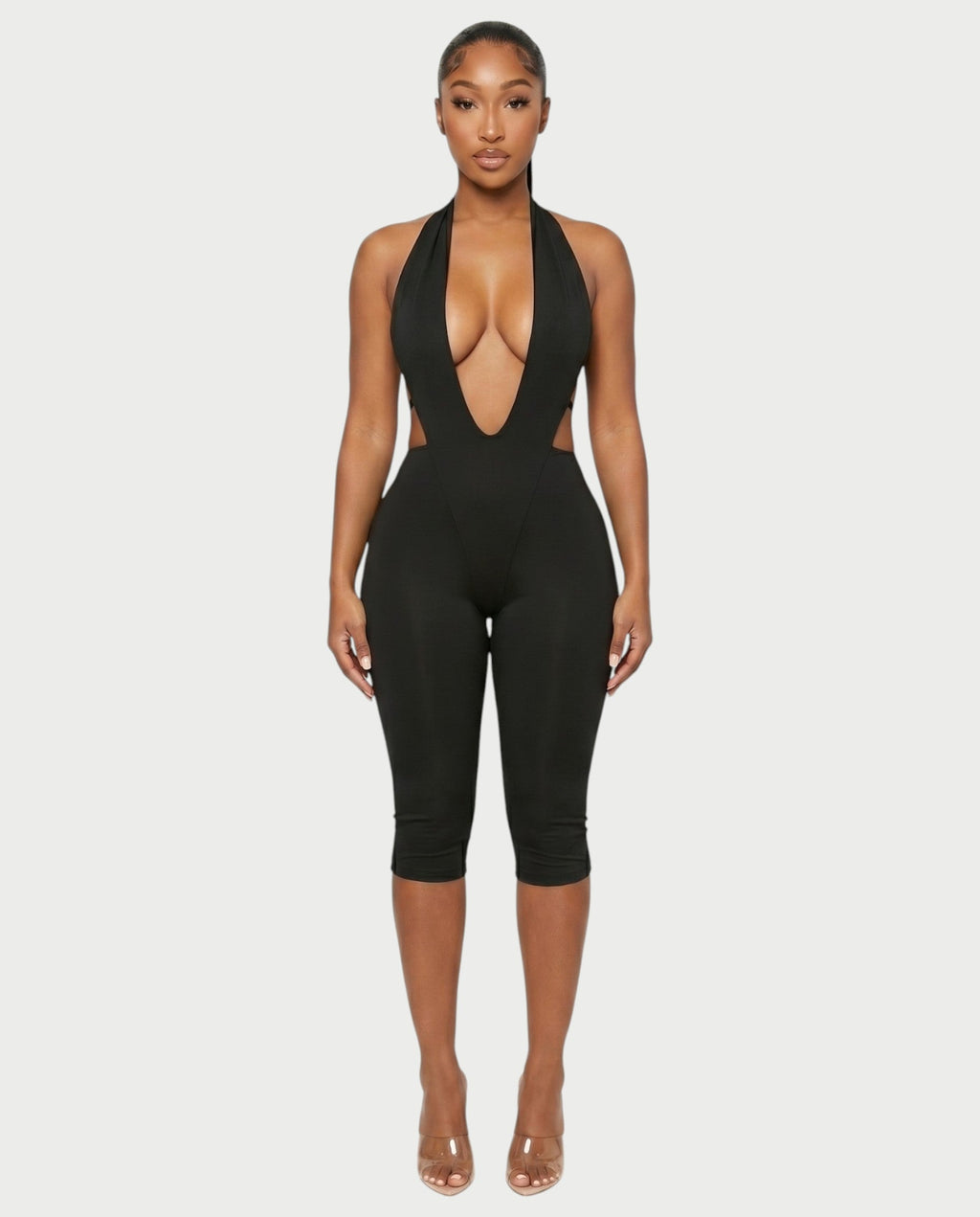 FERONA Deep V Halter Bodycon Capri Romper