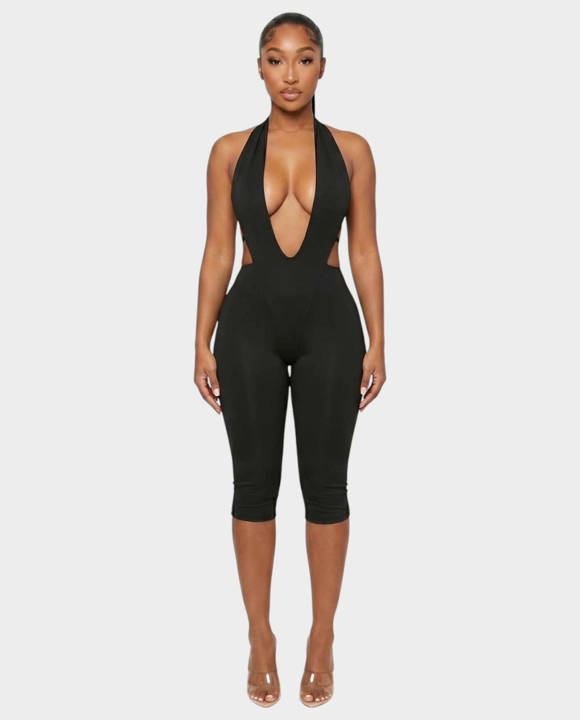 FERONA Deep V Halter Bodycon Capri Romper
