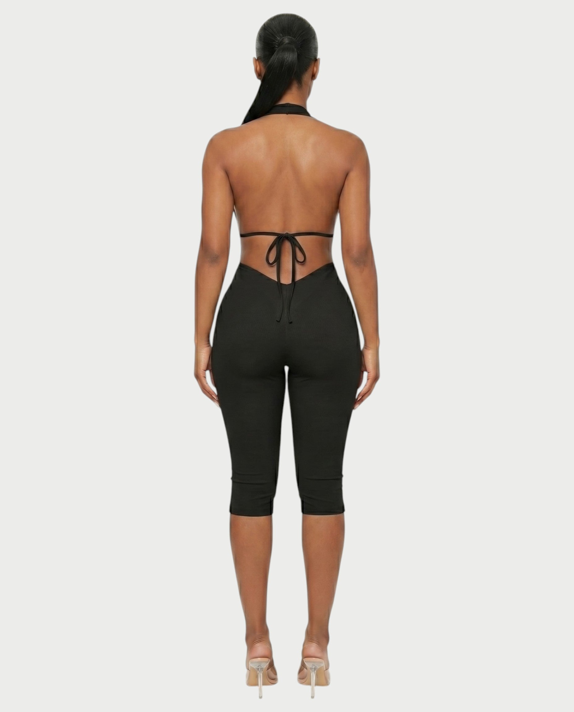 FERONA Deep V Halter Bodycon Capri Romper