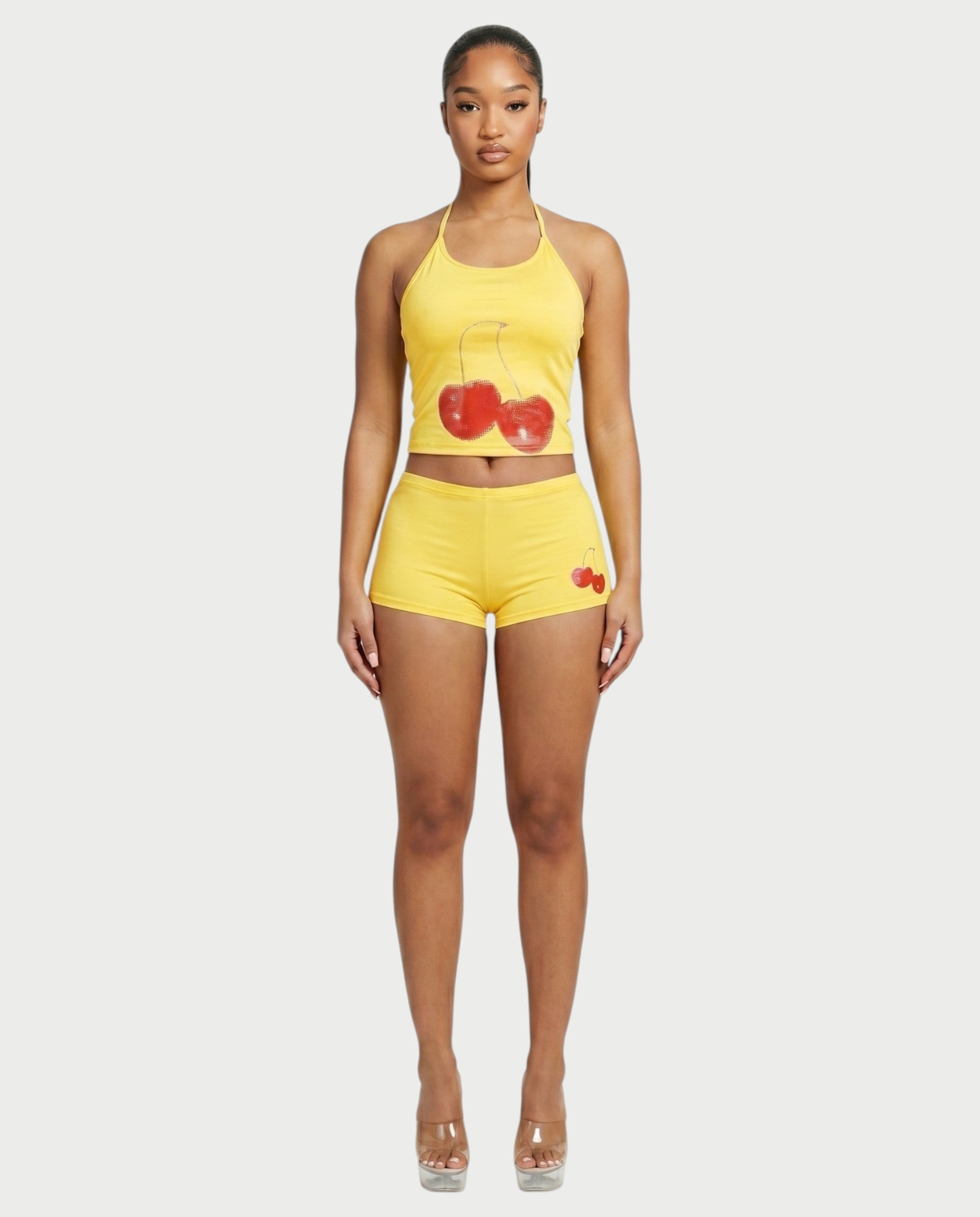 Sazha Cherry Halter Crop Top & Low-Rise Shorts Set