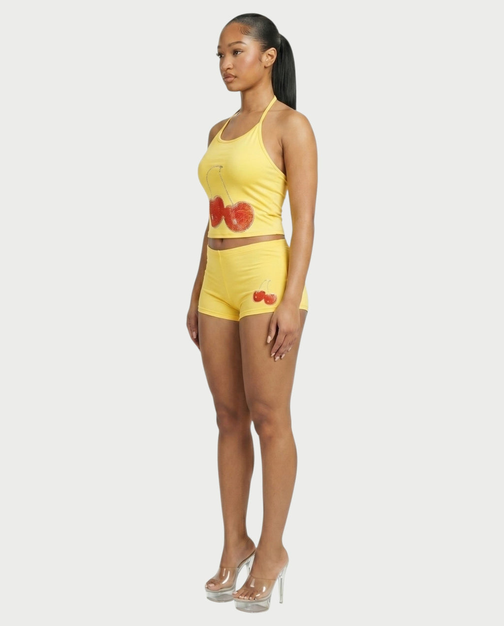 Sazha Cherry Halter Crop Top & Low-Rise Shorts Set