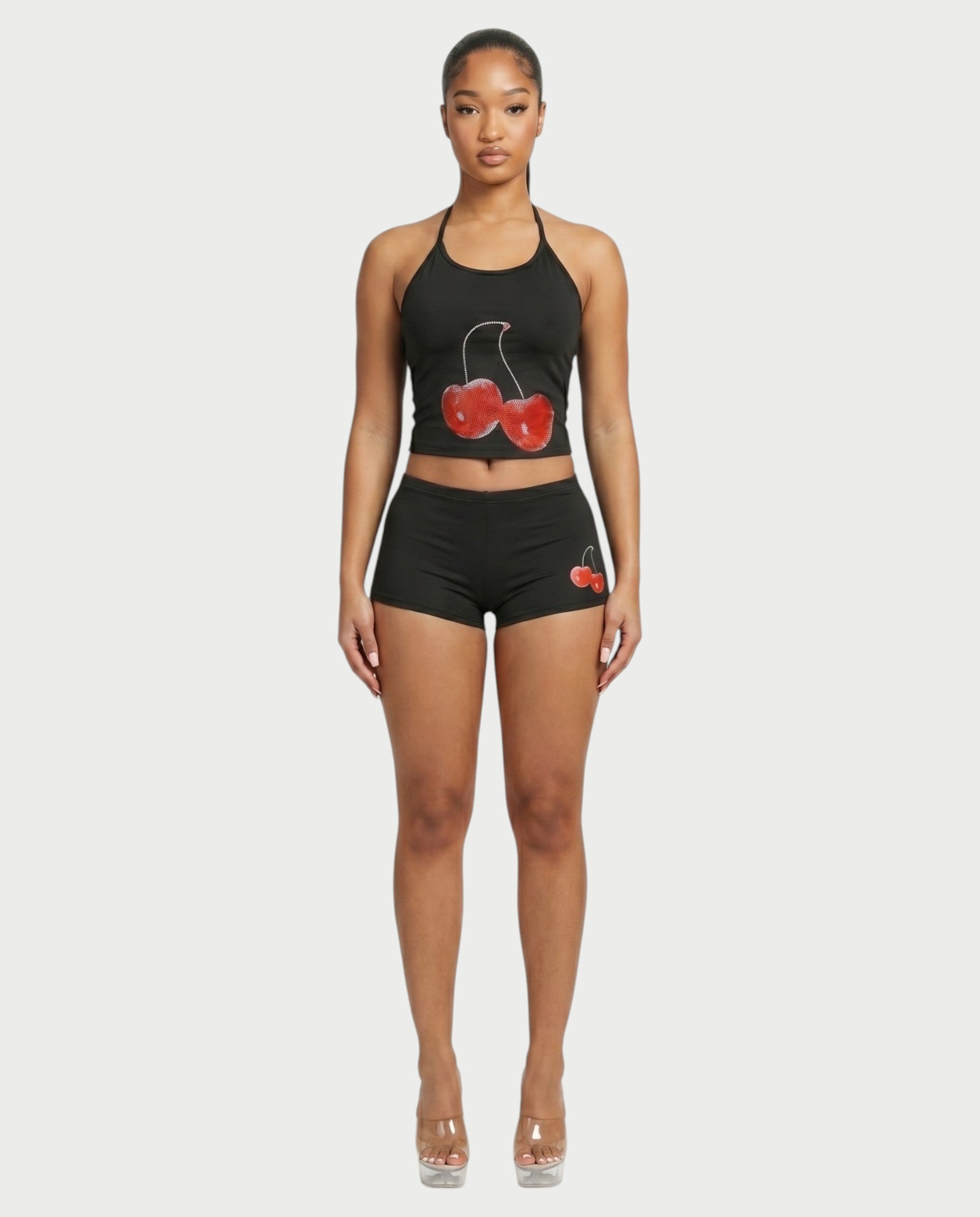 Sazha Cherry Halter Crop Top & Low-Rise Shorts Set
