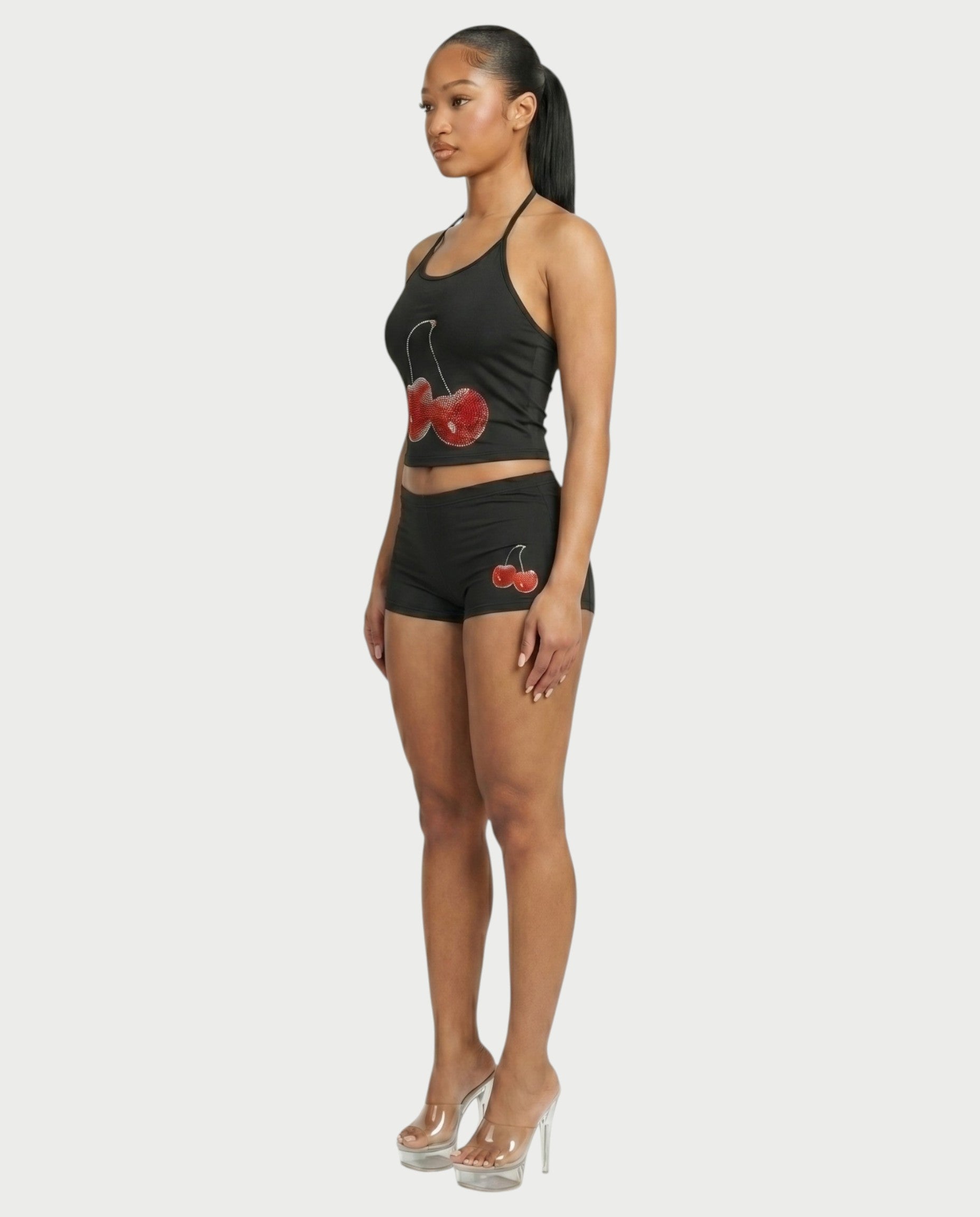 Sazha Cherry Halter Crop Top & Low-Rise Shorts Set