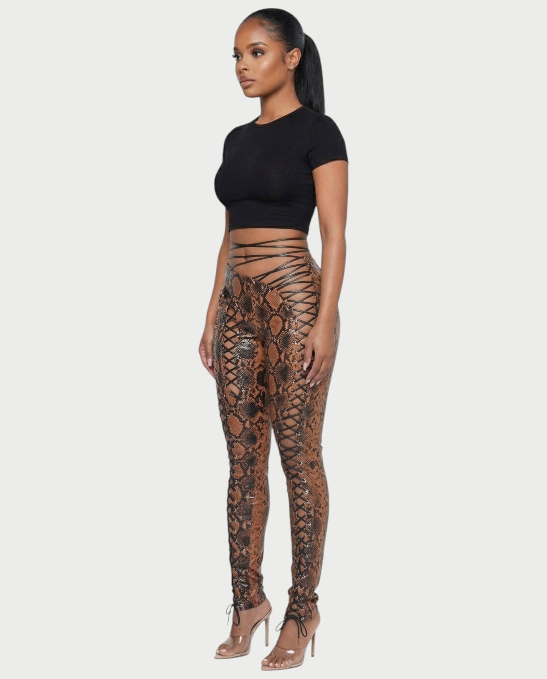 ZELDA Snake Print Lace-Up Cutout Pants