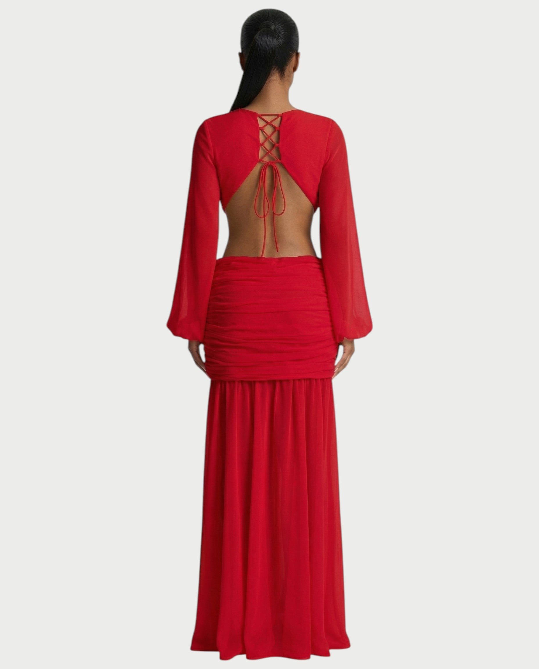 RAIZA Open Back Draped Chiffon Maxi Dress