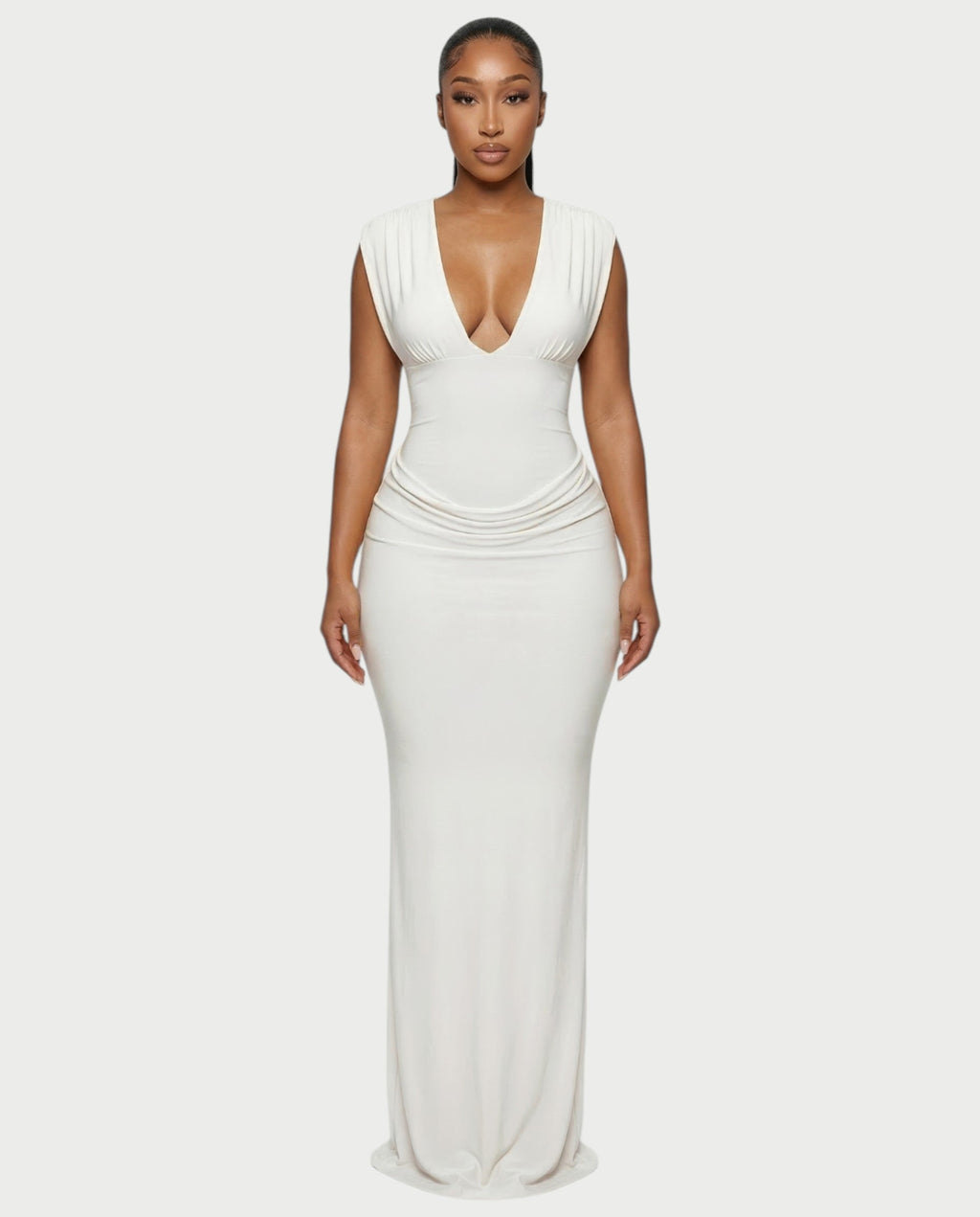 ADLEY Plunge-Neck Ruched Bodycon Maxi Dress
