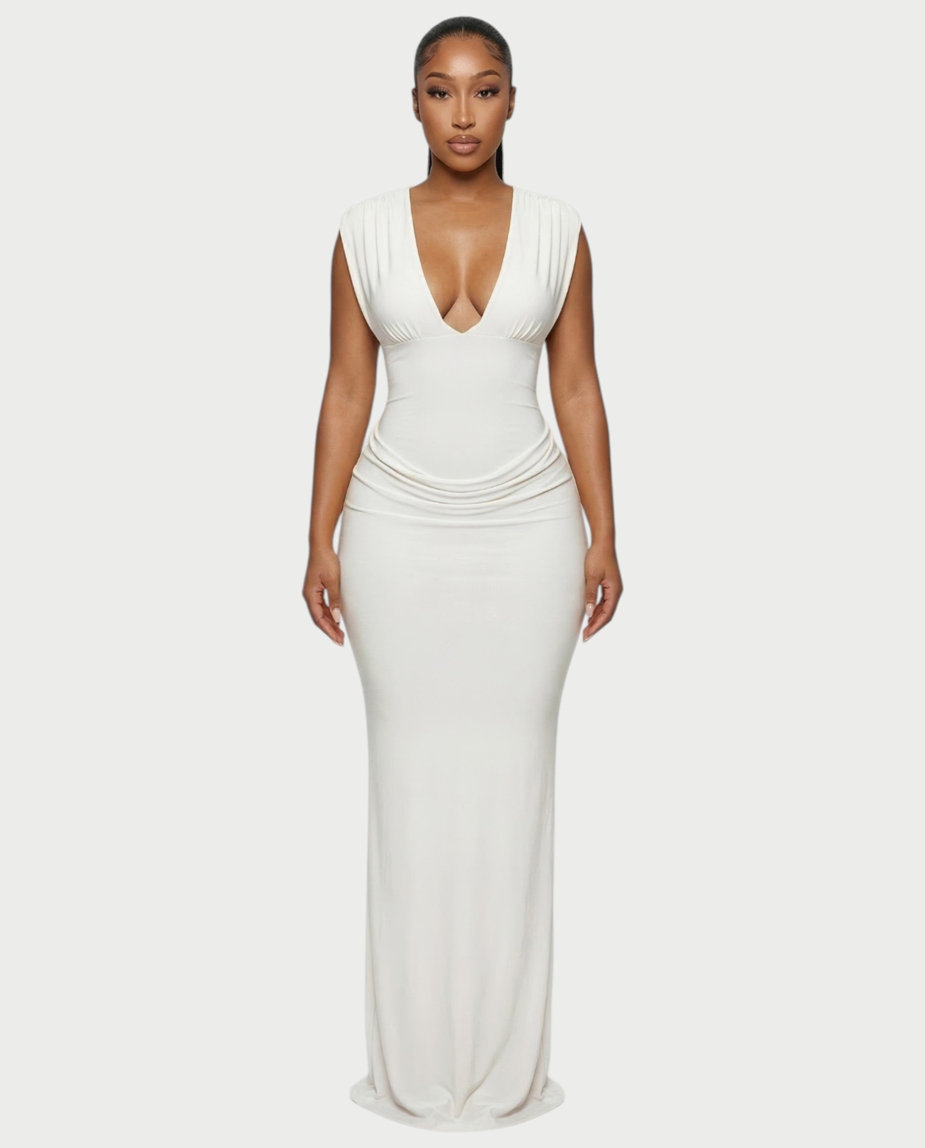ADLEY Plunge-Neck Ruched Bodycon Maxi Dress