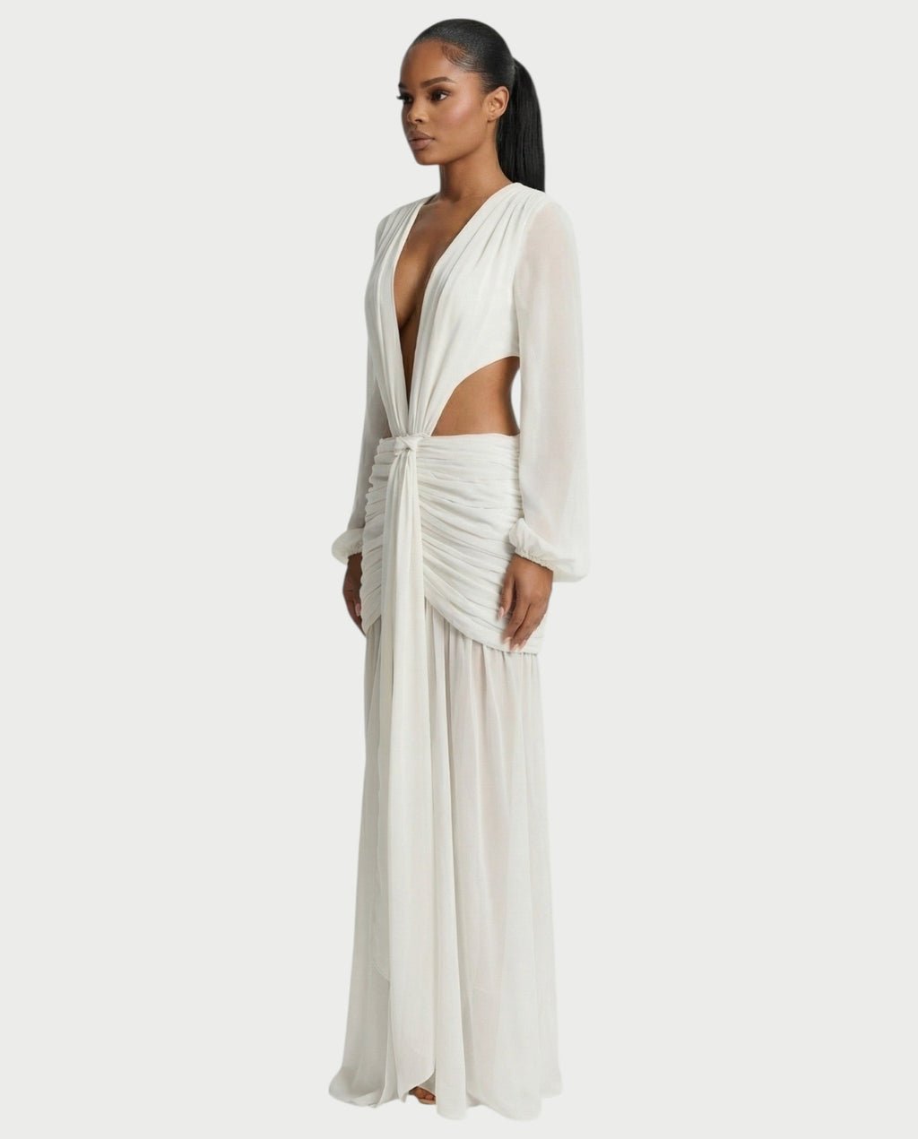 RAIZA Open Back Draped Chiffon Maxi Dress