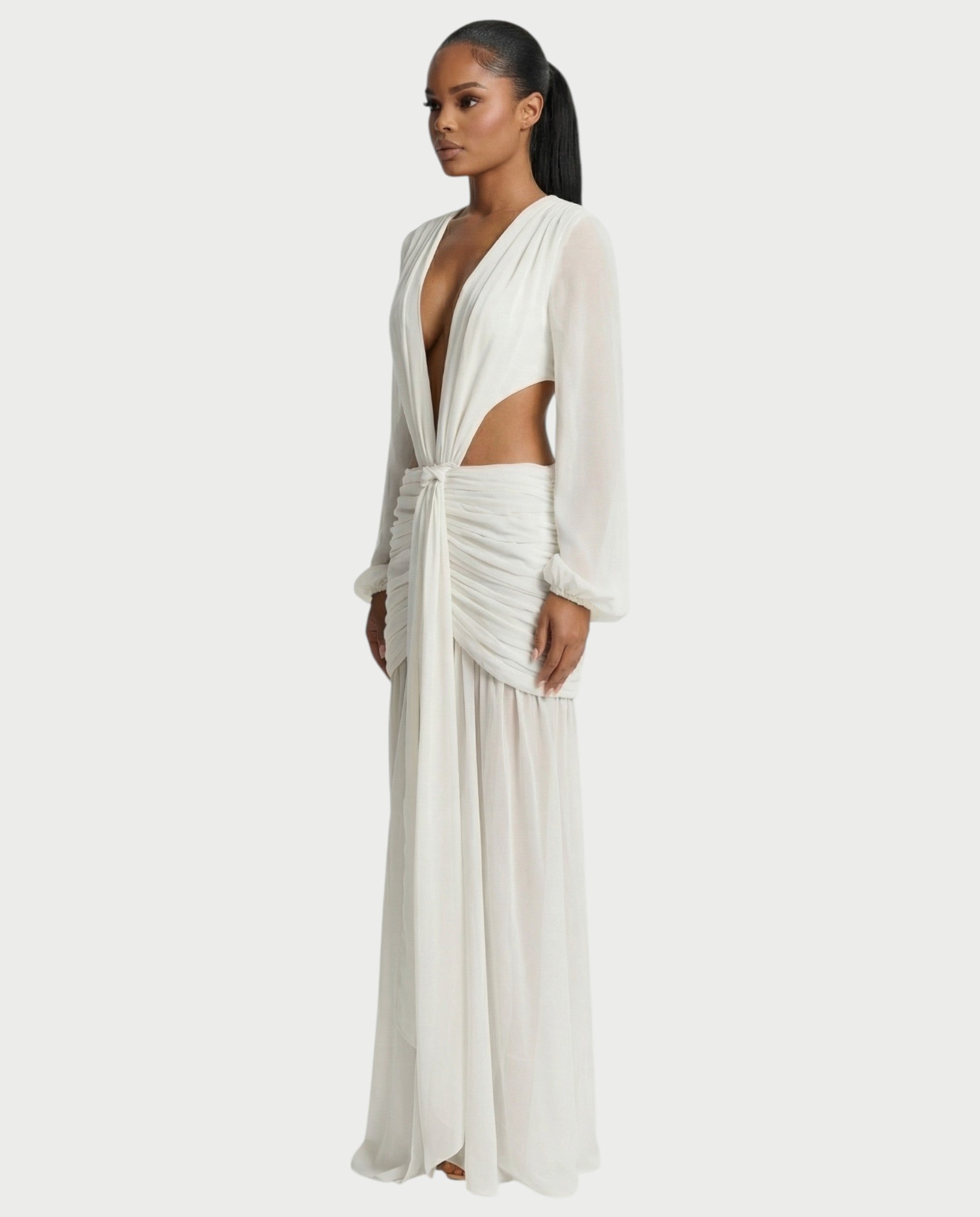 RAIZA Open Back Draped Chiffon Maxi Dress