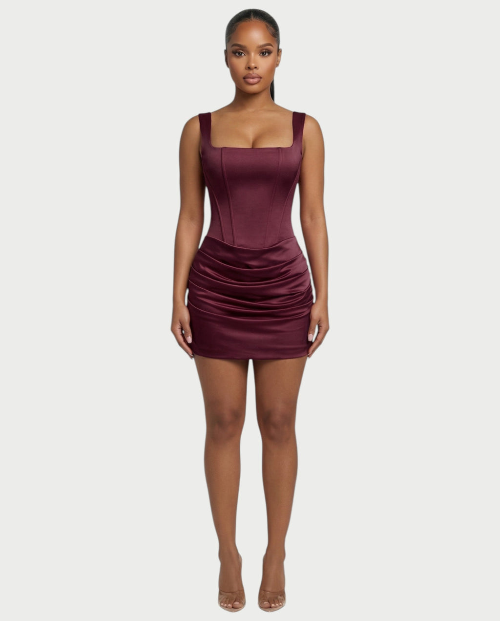ROANE Square-Neck Ruched Satin Mini Dress
