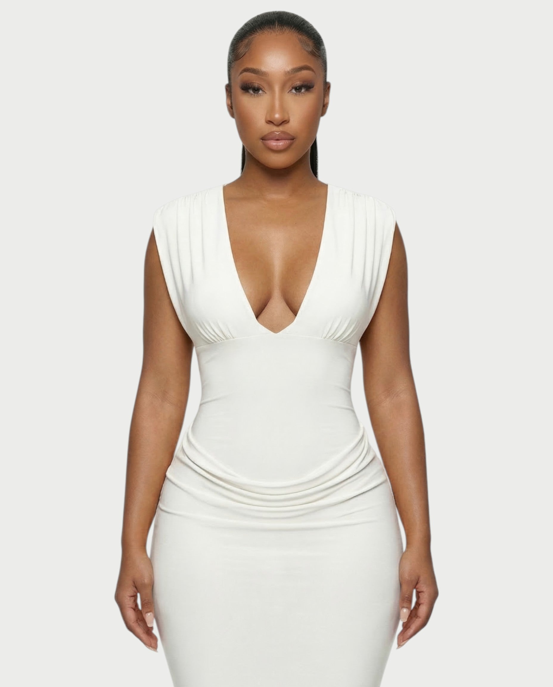 ADLEY Plunge-Neck Ruched Bodycon Maxi Dress