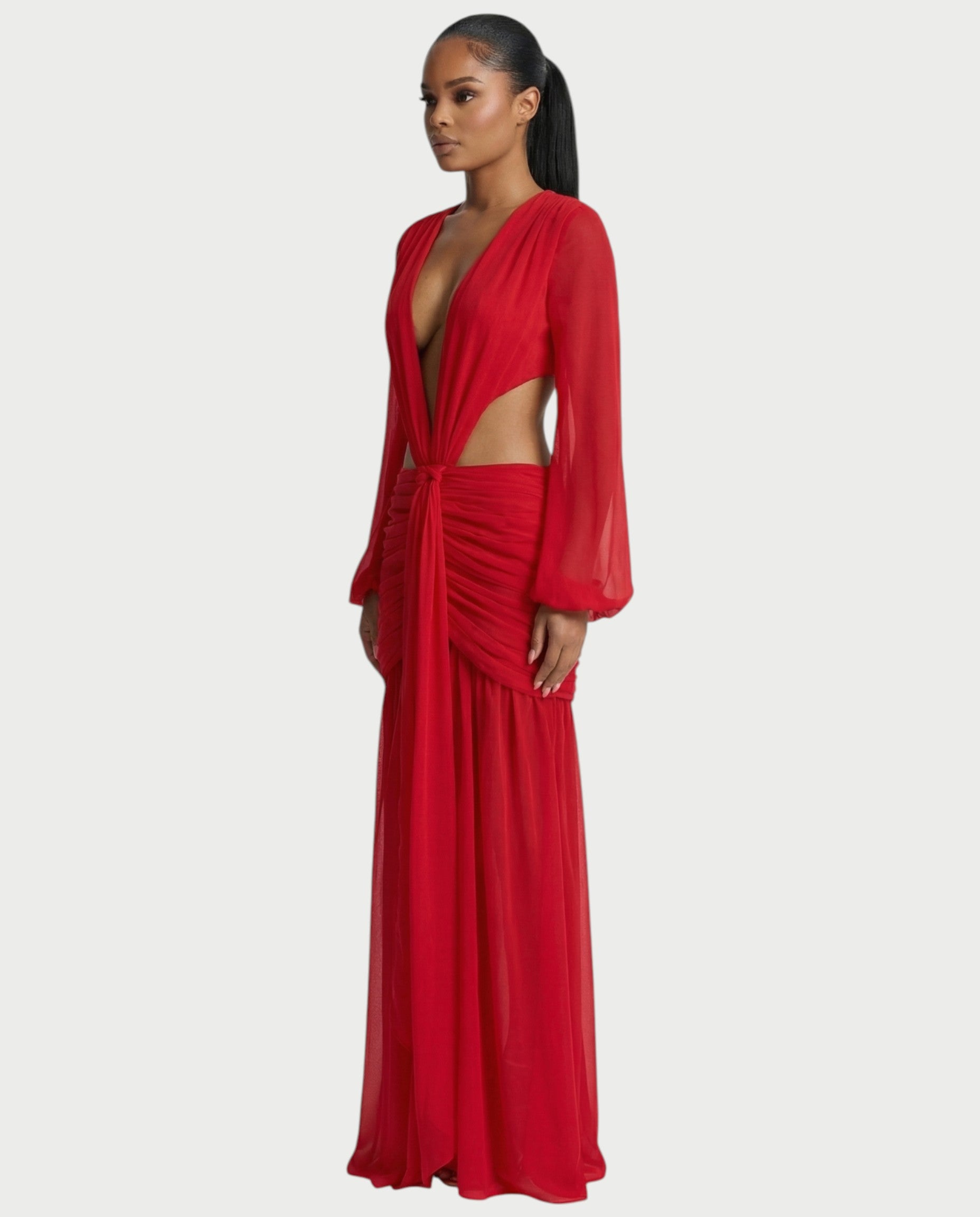 RAIZA Open Back Draped Chiffon Maxi Dress