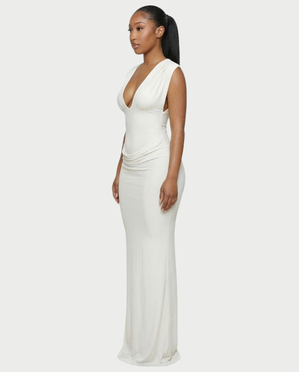 ADLEY Plunge-Neck Ruched Bodycon Maxi Dress