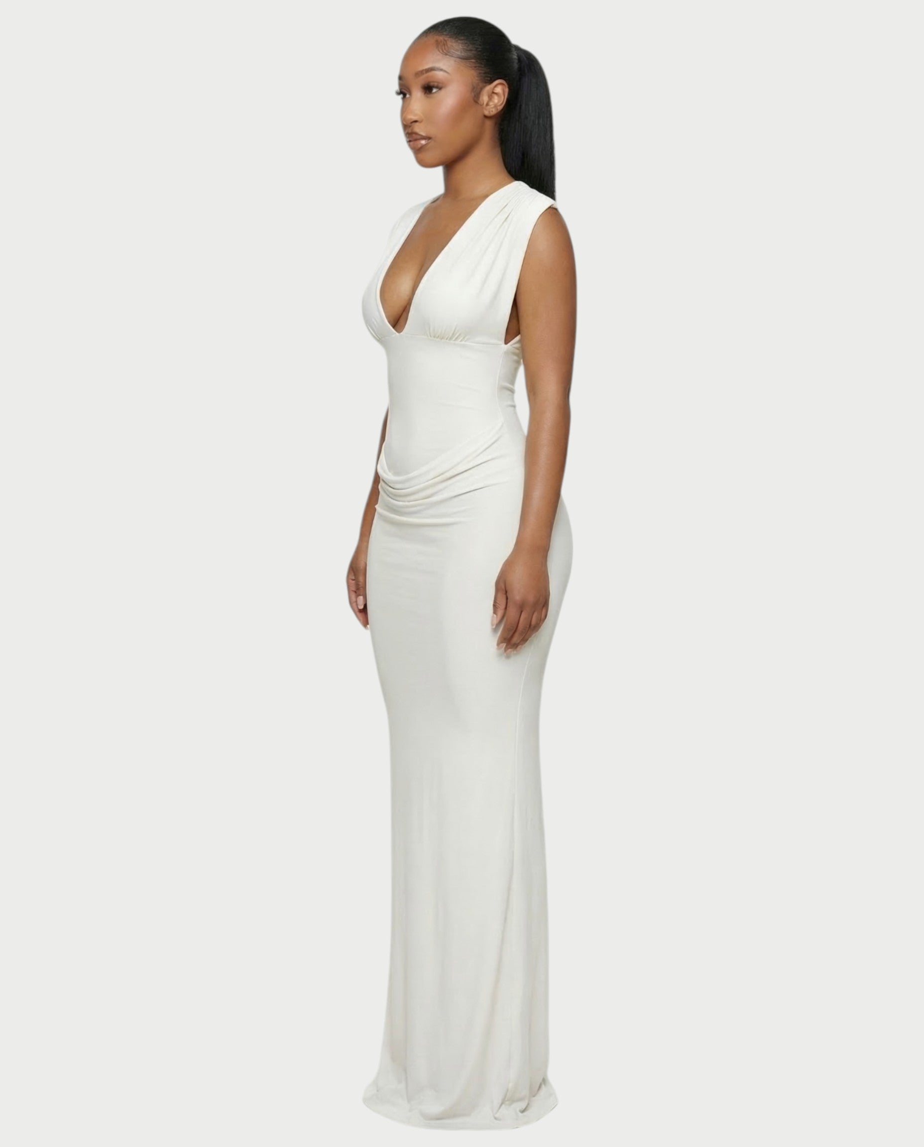 ADLEY Plunge-Neck Ruched Bodycon Maxi Dress