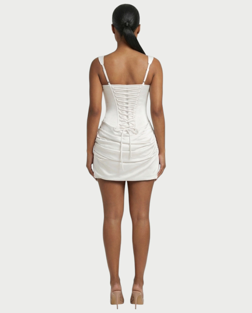 ROANE Square-Neck Ruched Satin Mini Dress