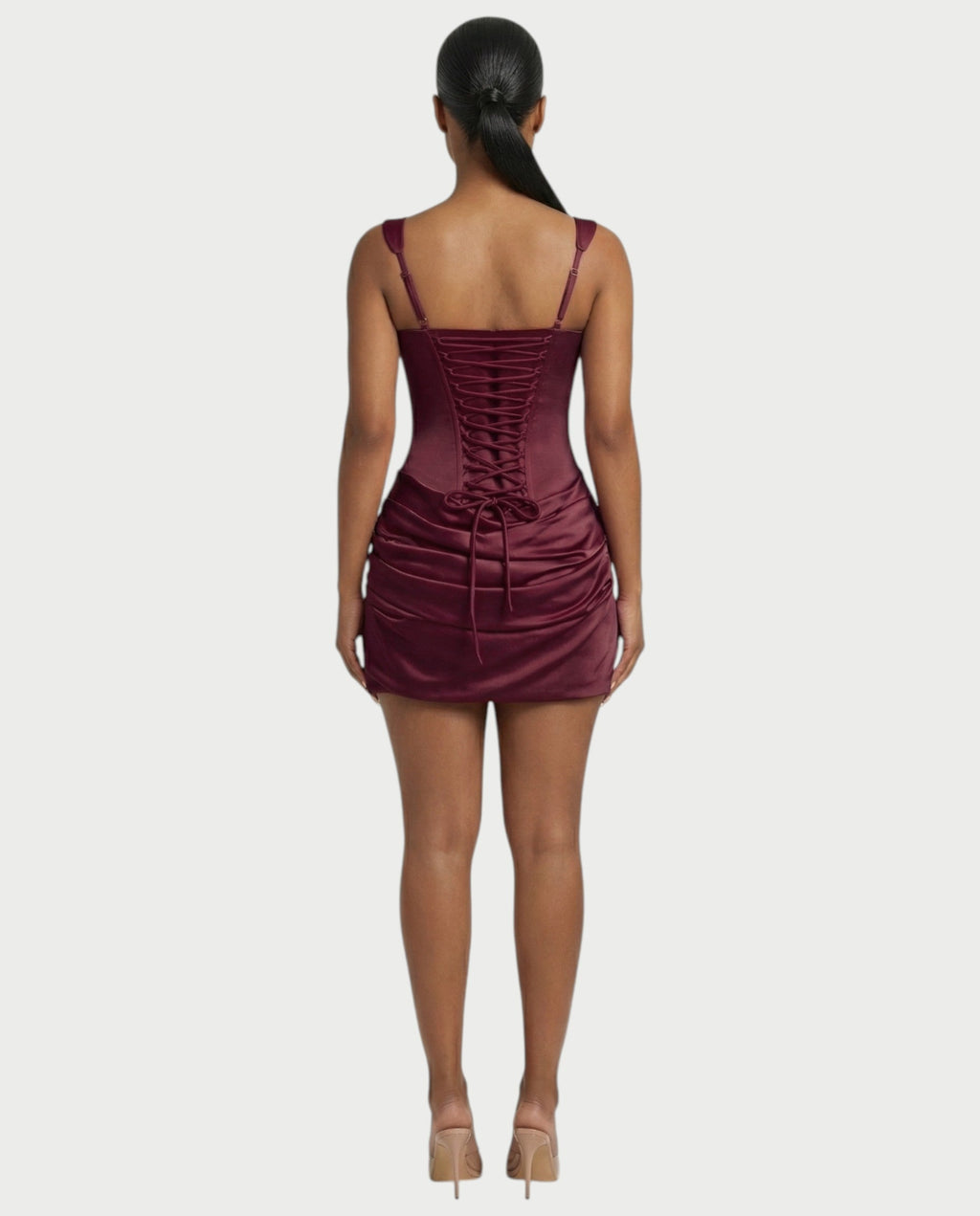 ROANE Square-Neck Ruched Satin Mini Dress