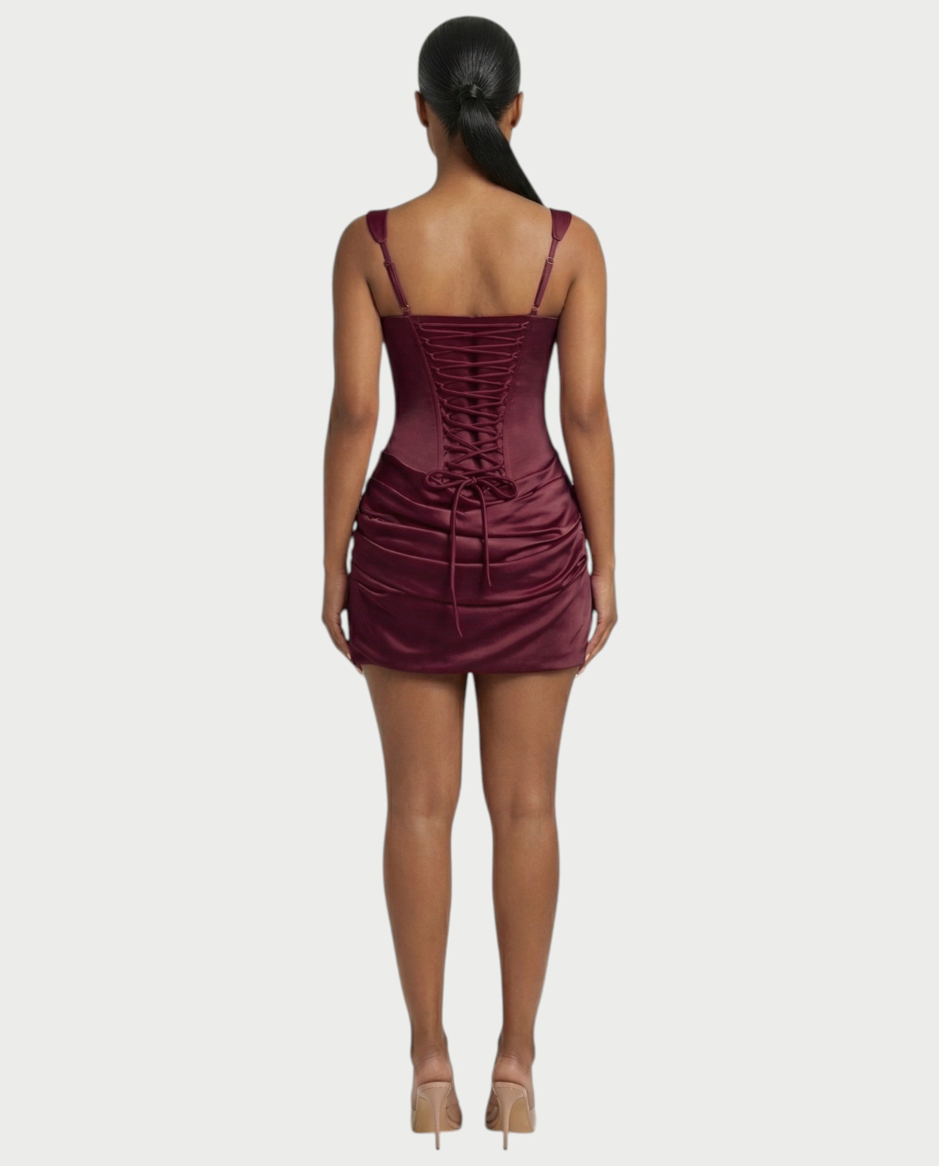 ROANE Square-Neck Ruched Satin Mini Dress
