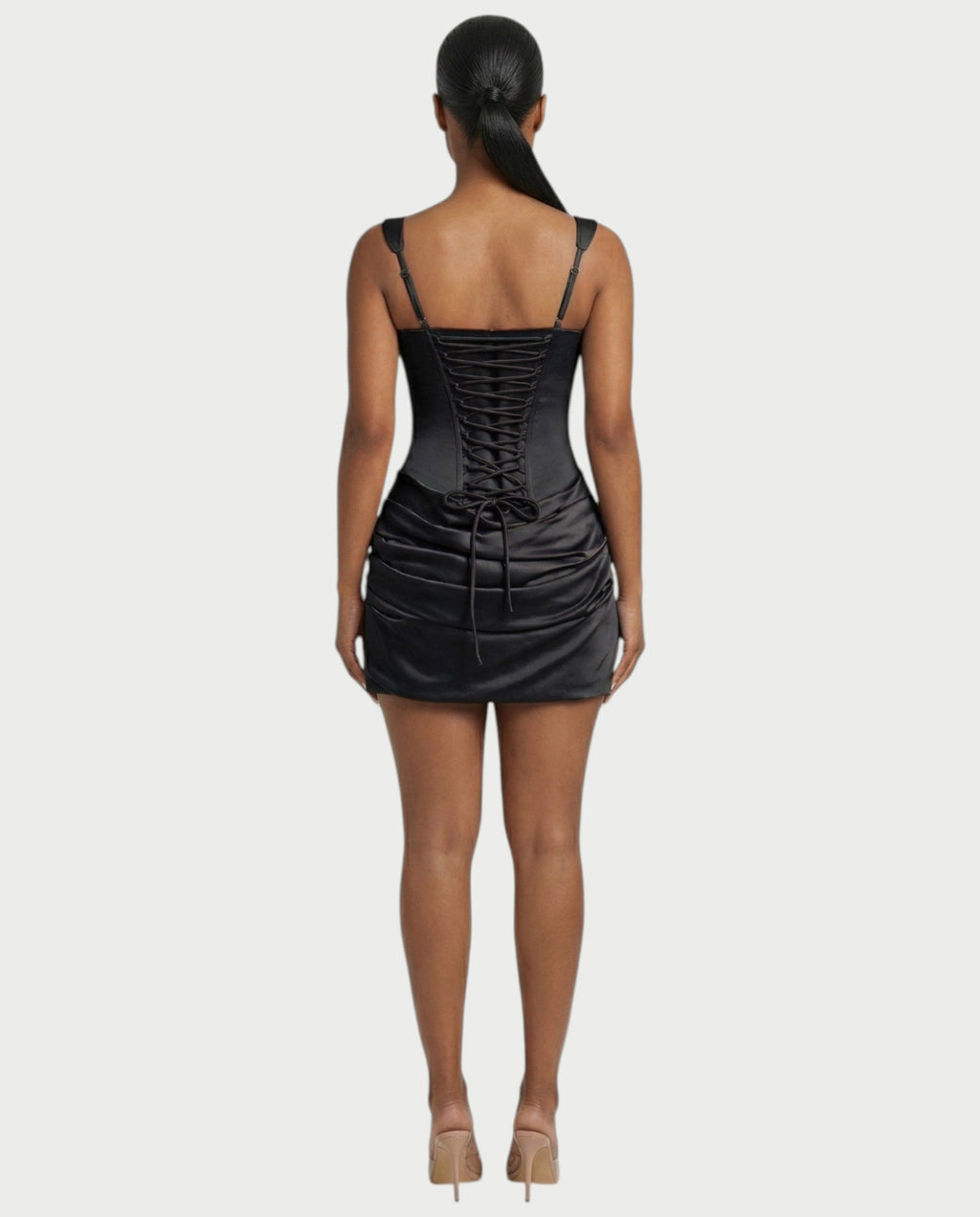 ROANE Square-Neck Ruched Satin Mini Dress