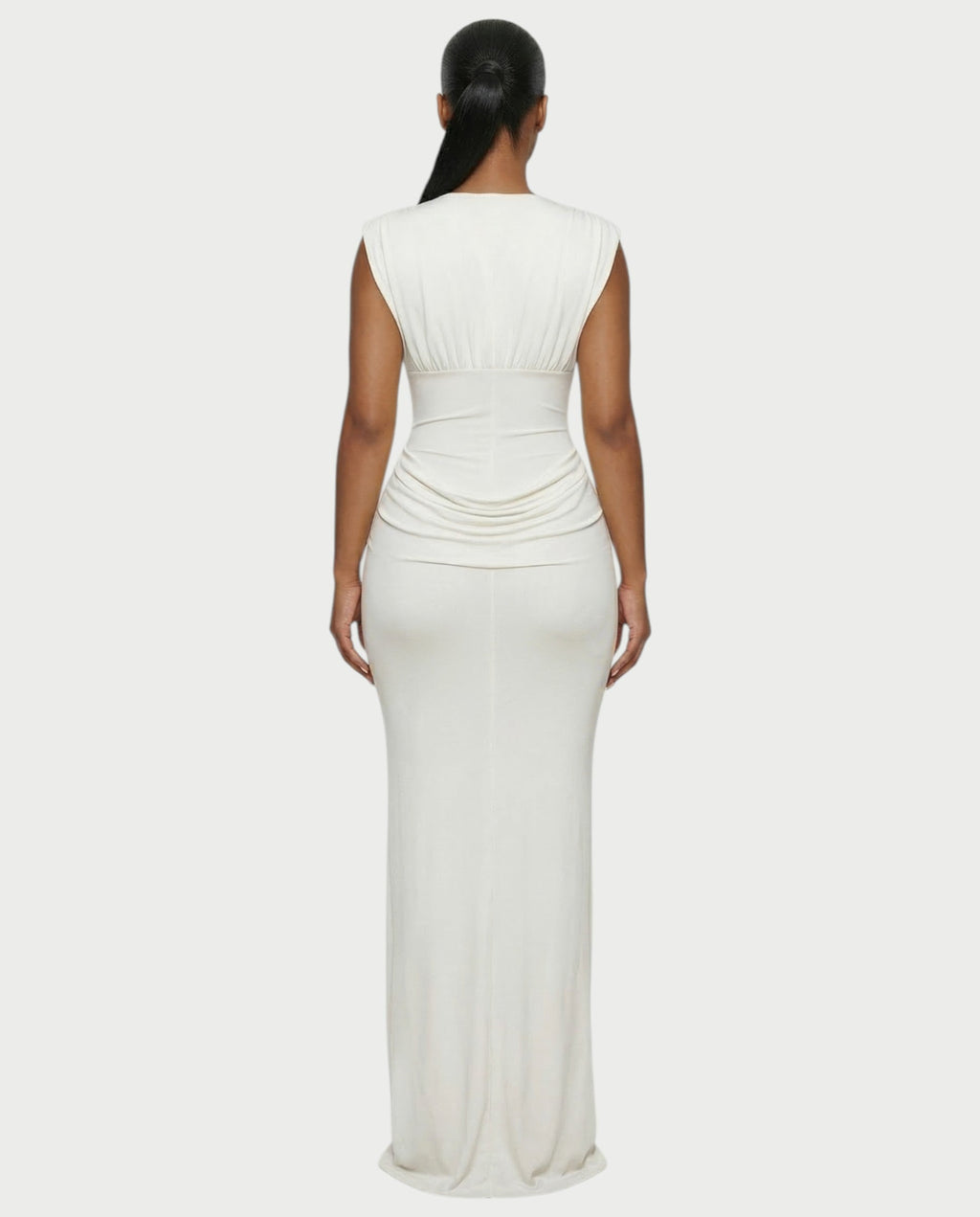 ADLEY Plunge-Neck Ruched Bodycon Maxi Dress
