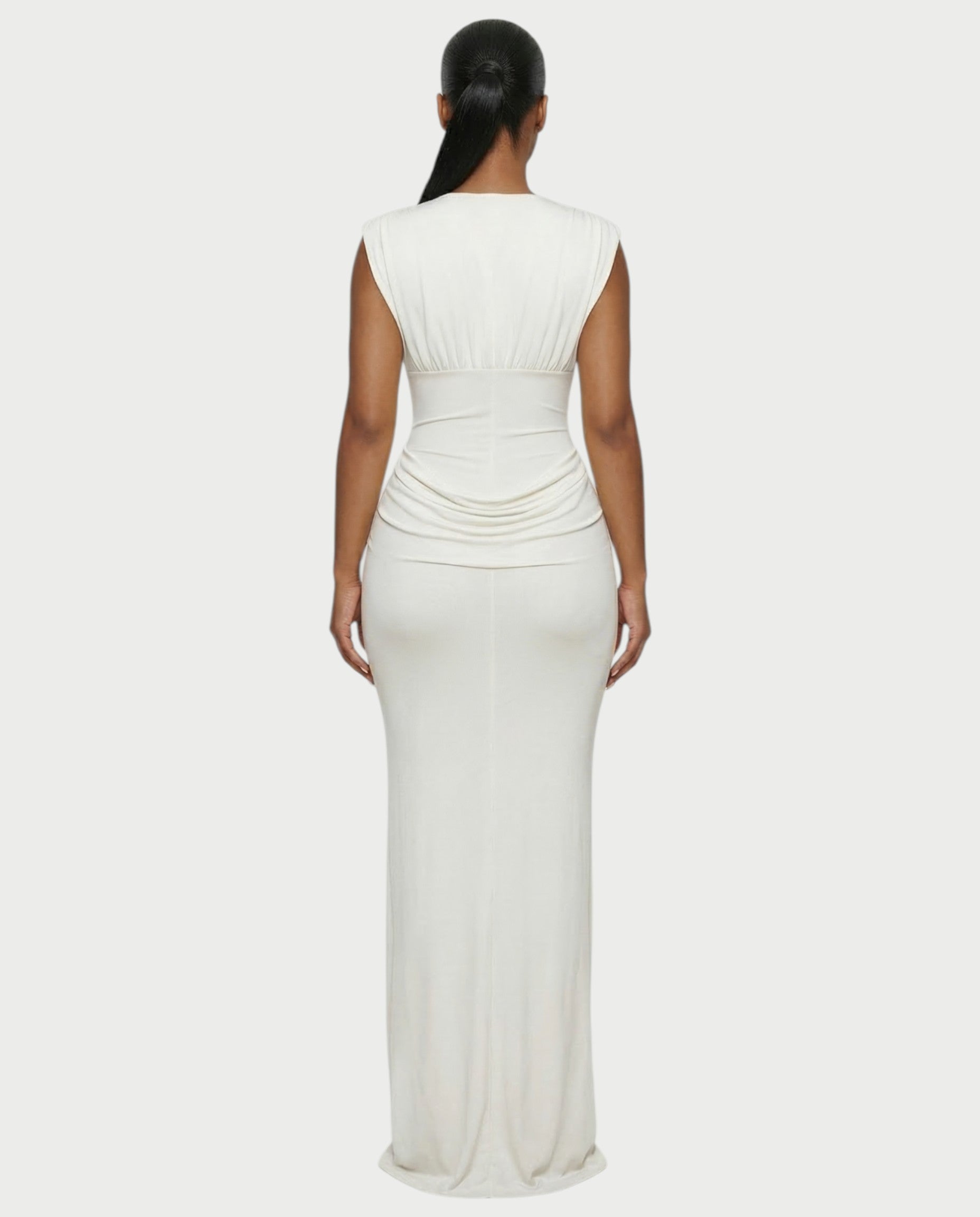 ADLEY Plunge-Neck Ruched Bodycon Maxi Dress