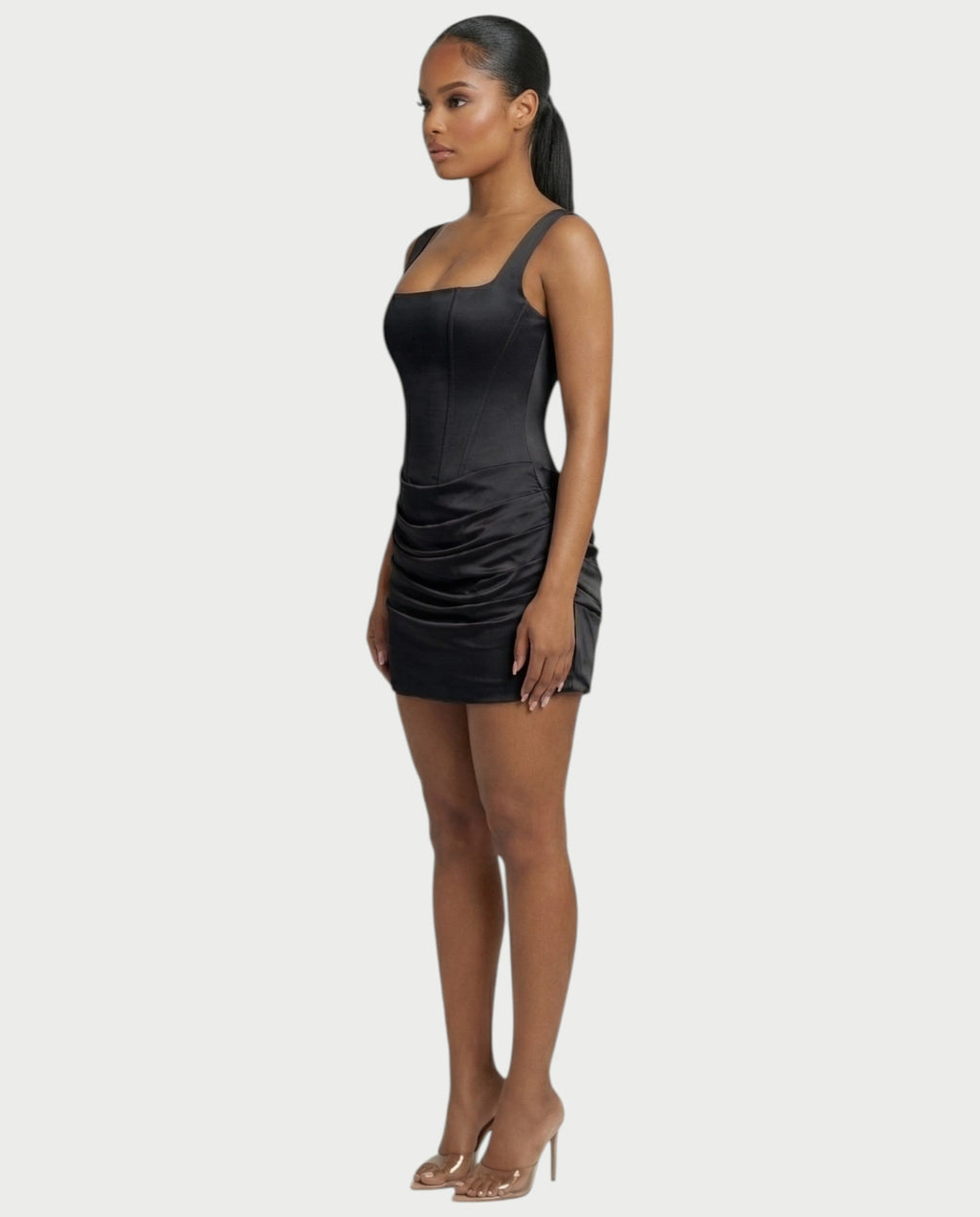 ROANE Square-Neck Ruched Satin Mini Dress