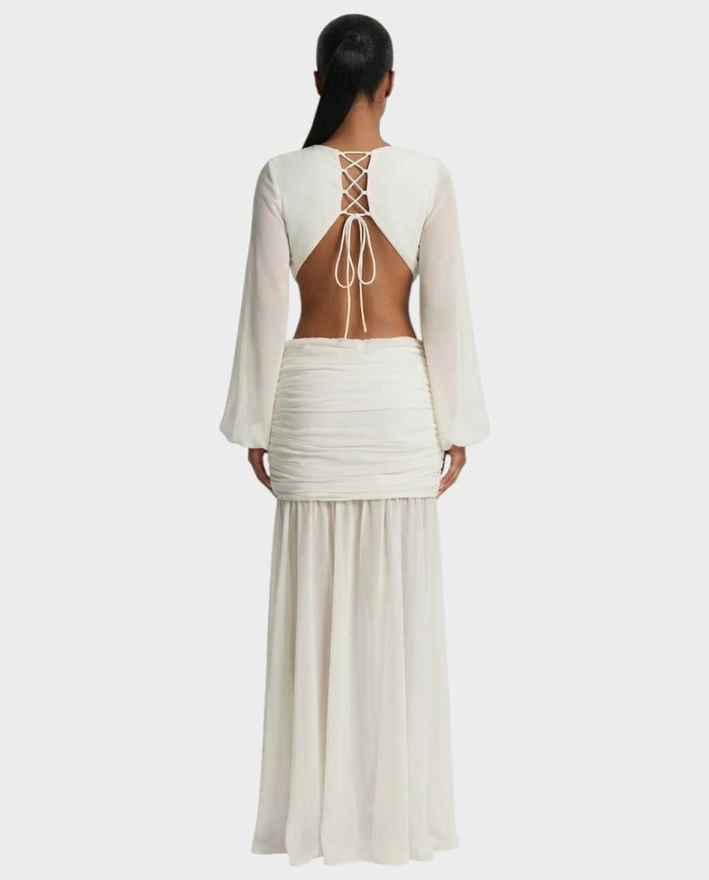 RAIZA Open Back Draped Chiffon Maxi Dress