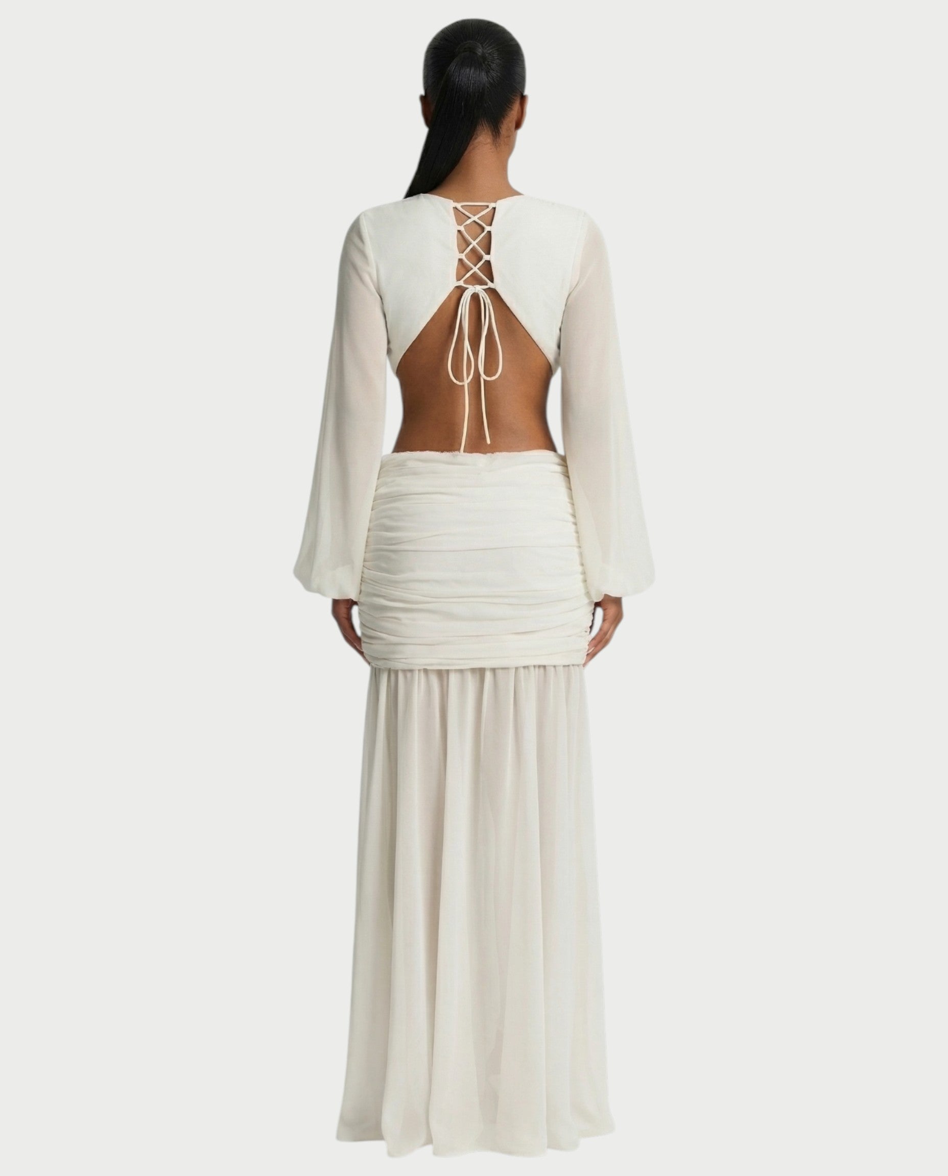 RAIZA Open Back Draped Chiffon Maxi Dress