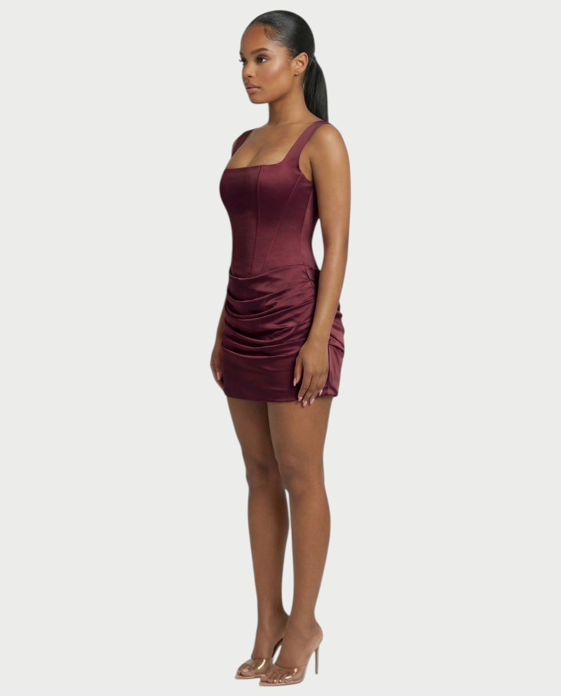 ROANE Square-Neck Ruched Satin Mini Dress