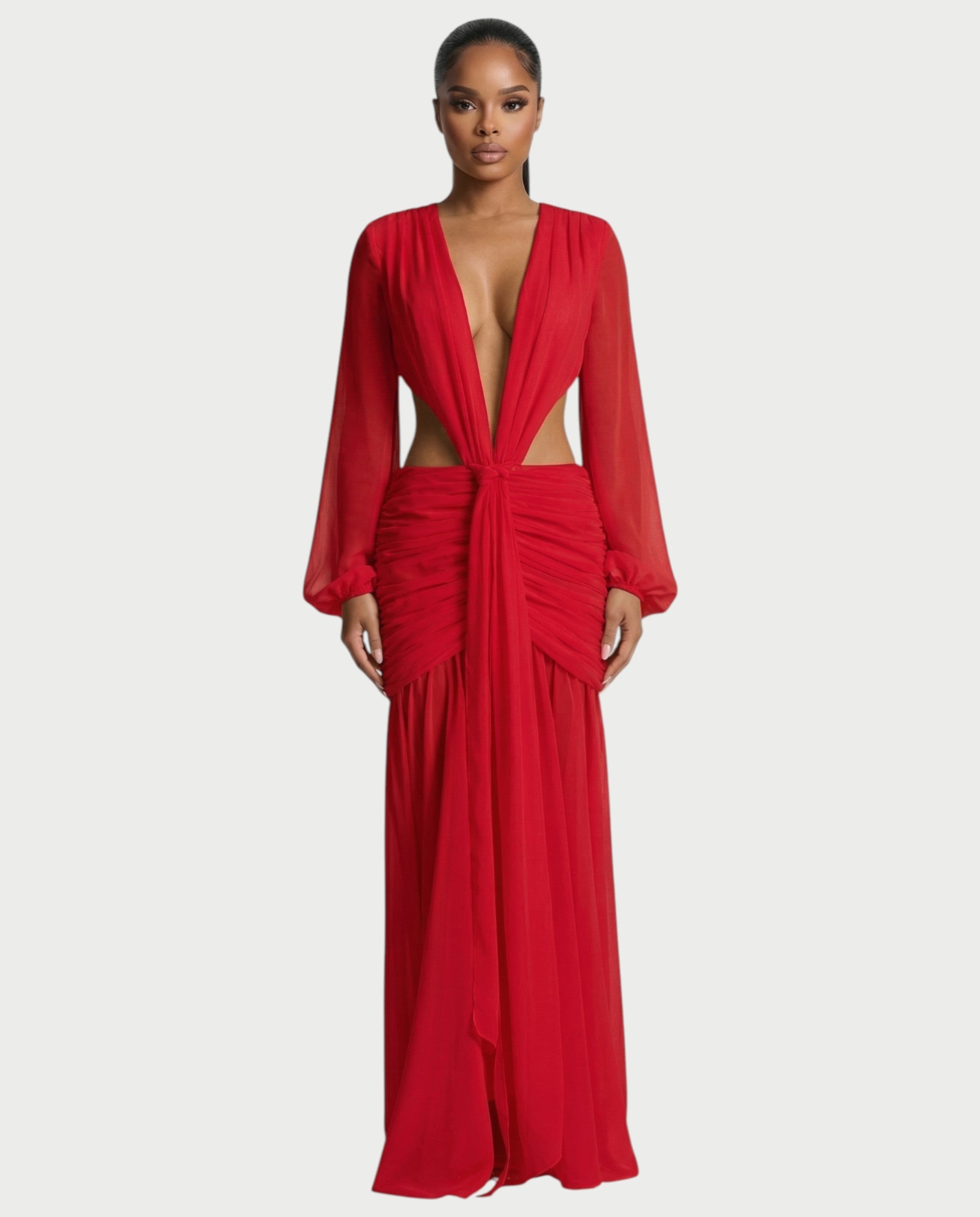 RAIZA Open Back Draped Chiffon Maxi Dress
