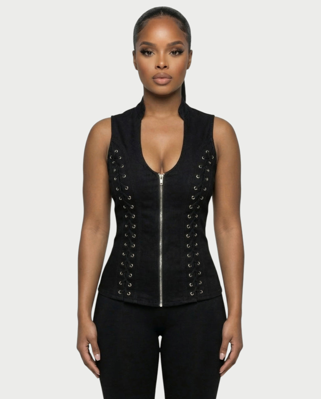 VELENA Lace-Up Zip-Front Vest Top