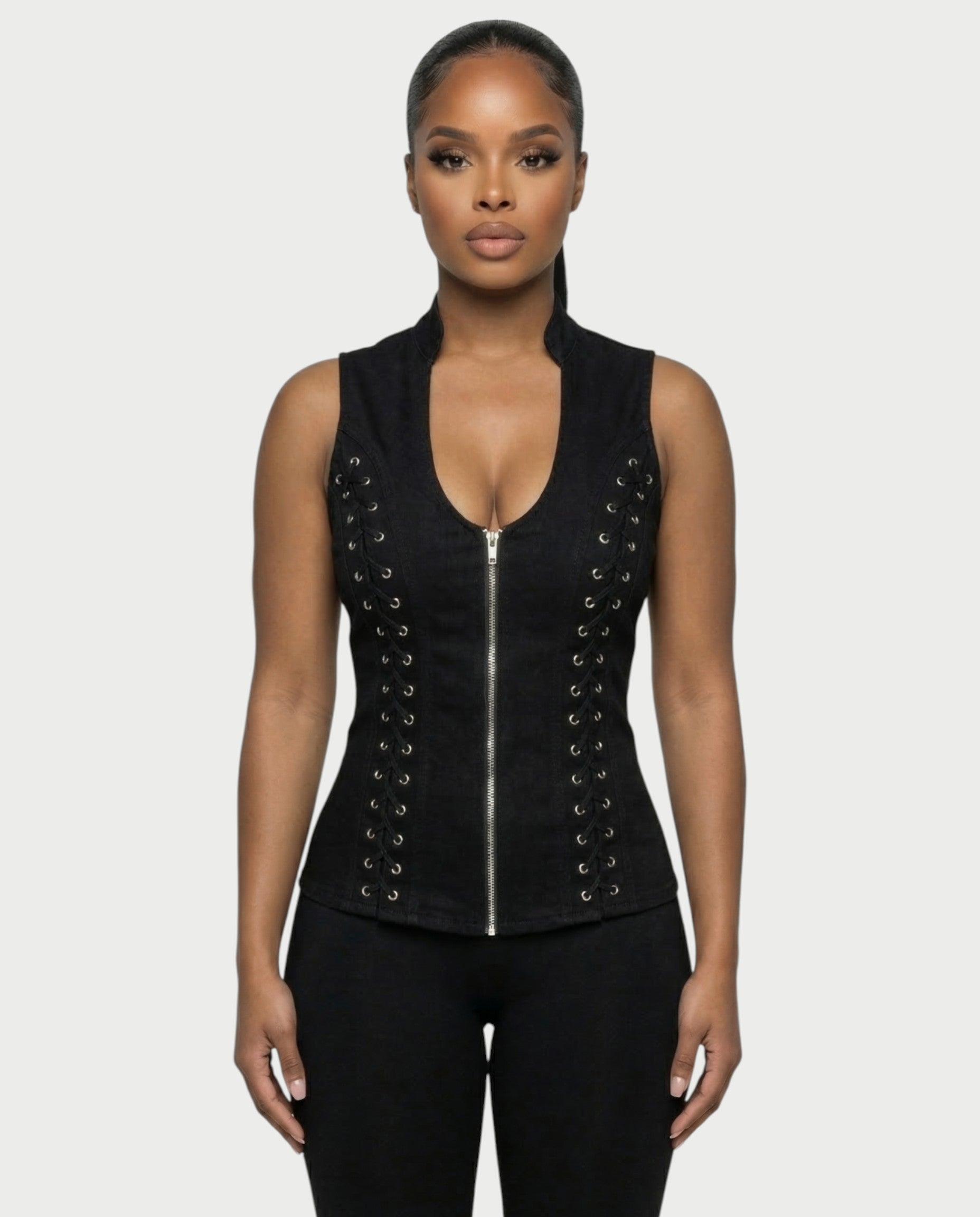 VELENA Lace-Up Zip-Front Vest Top