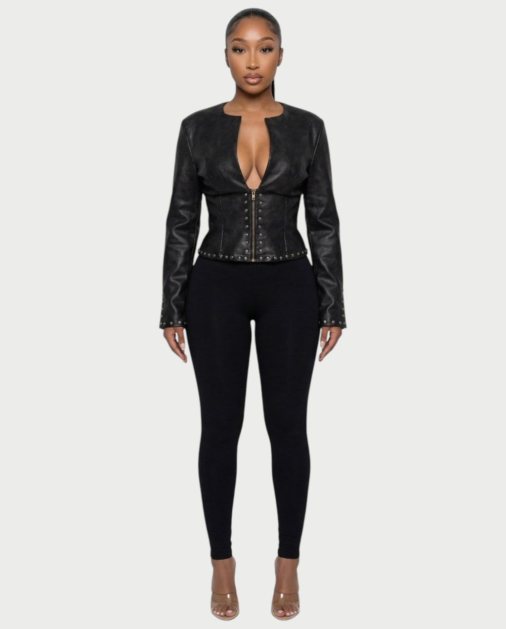 CORRY Studded Zip Leather Jacket