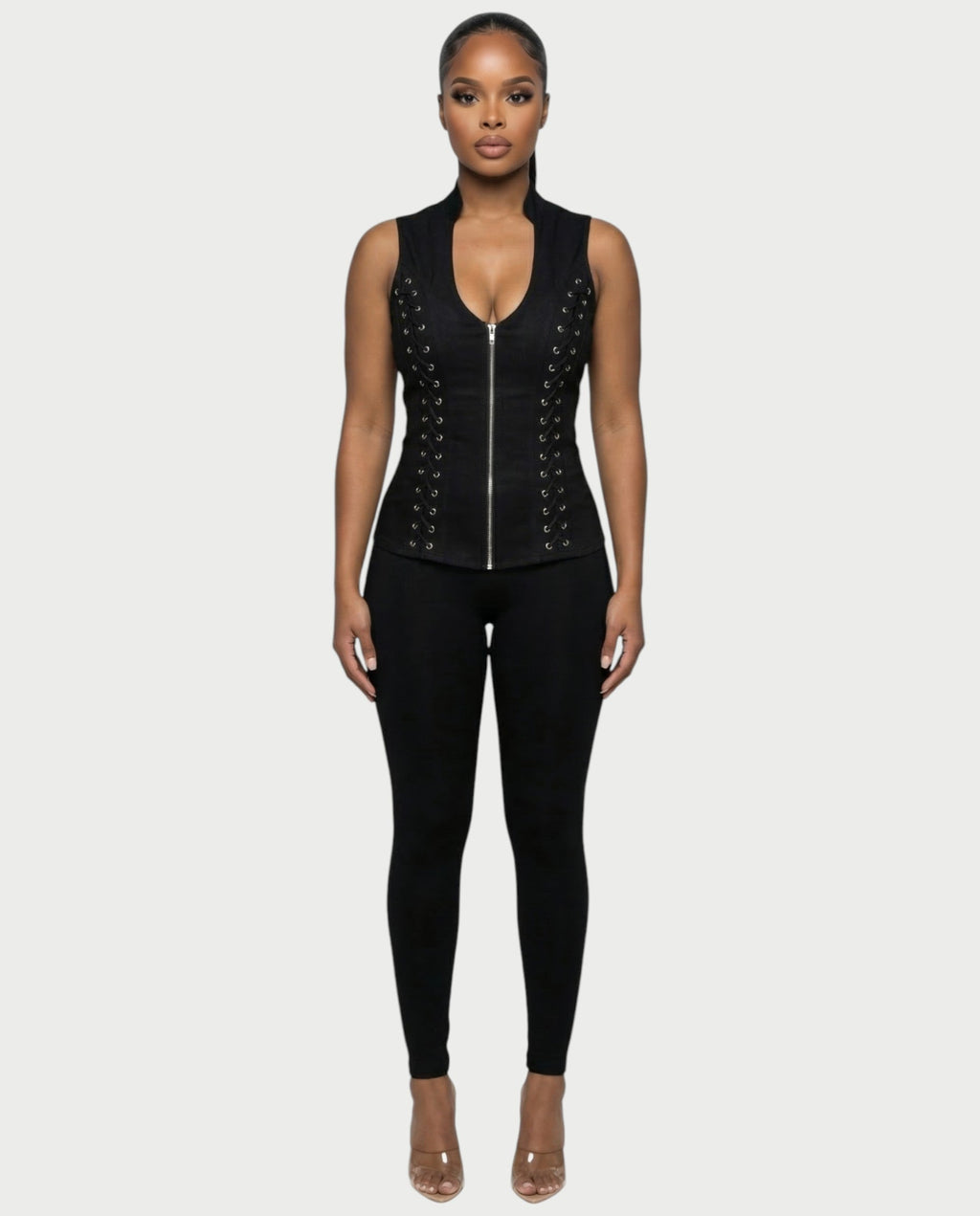 VELENA Lace-Up Zip-Front Vest Top