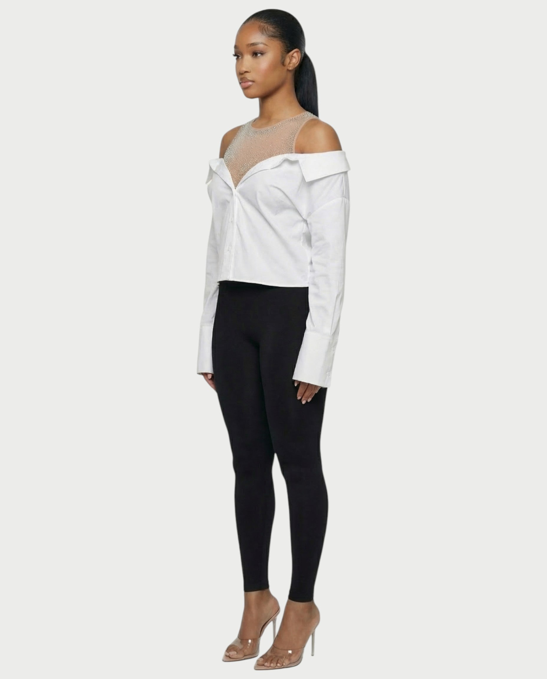 LAINE Off-Shoulder Rhinestone Shirt Top