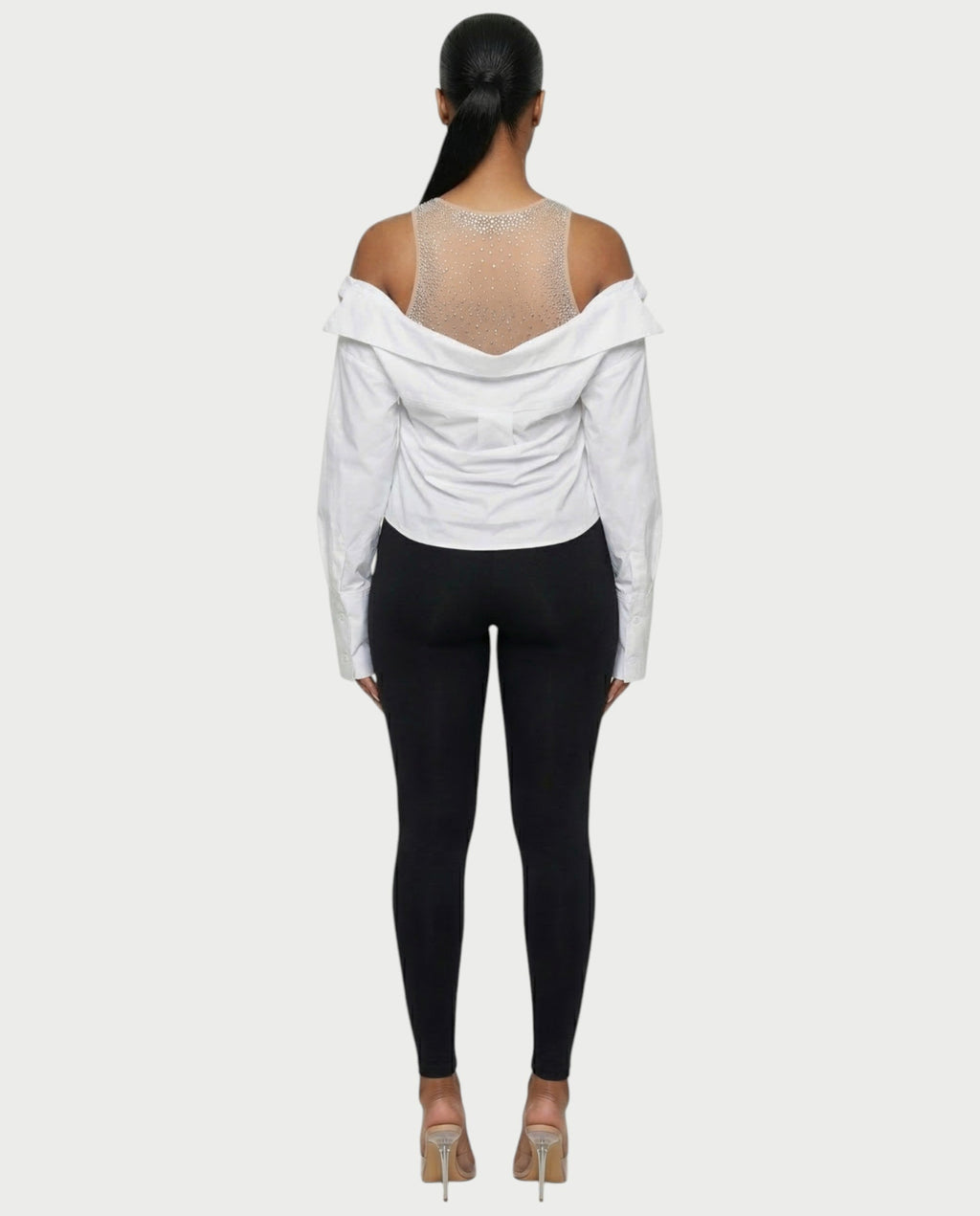 LAINE Off-Shoulder Rhinestone Shirt Top