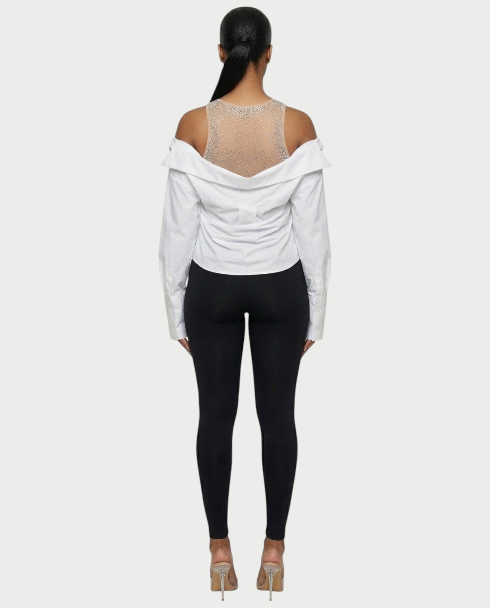 LAINE Off-Shoulder Rhinestone Shirt Top