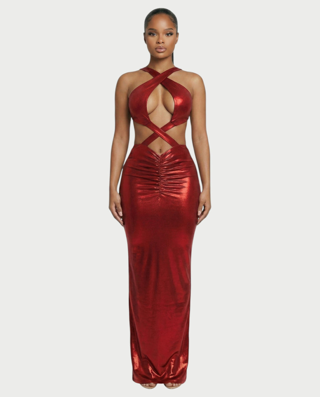 RINEYA Metallic Cutout Halter Neck Maxi Dress