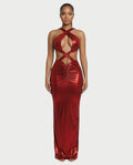 RINEYA Metallic Cutout Halter Neck Maxi Dress