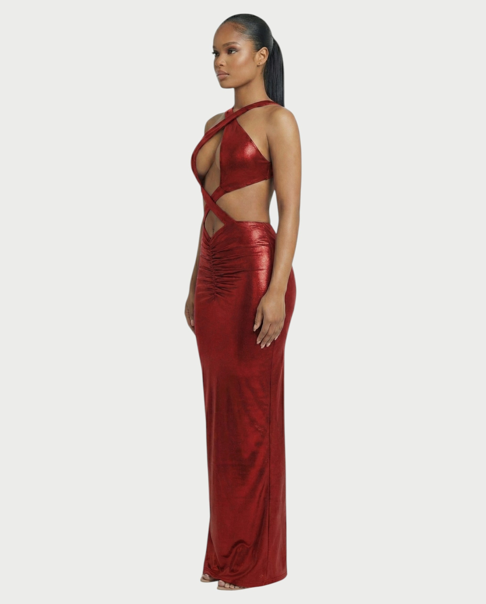 RINEYA Metallic Cutout Halter Neck Maxi Dress