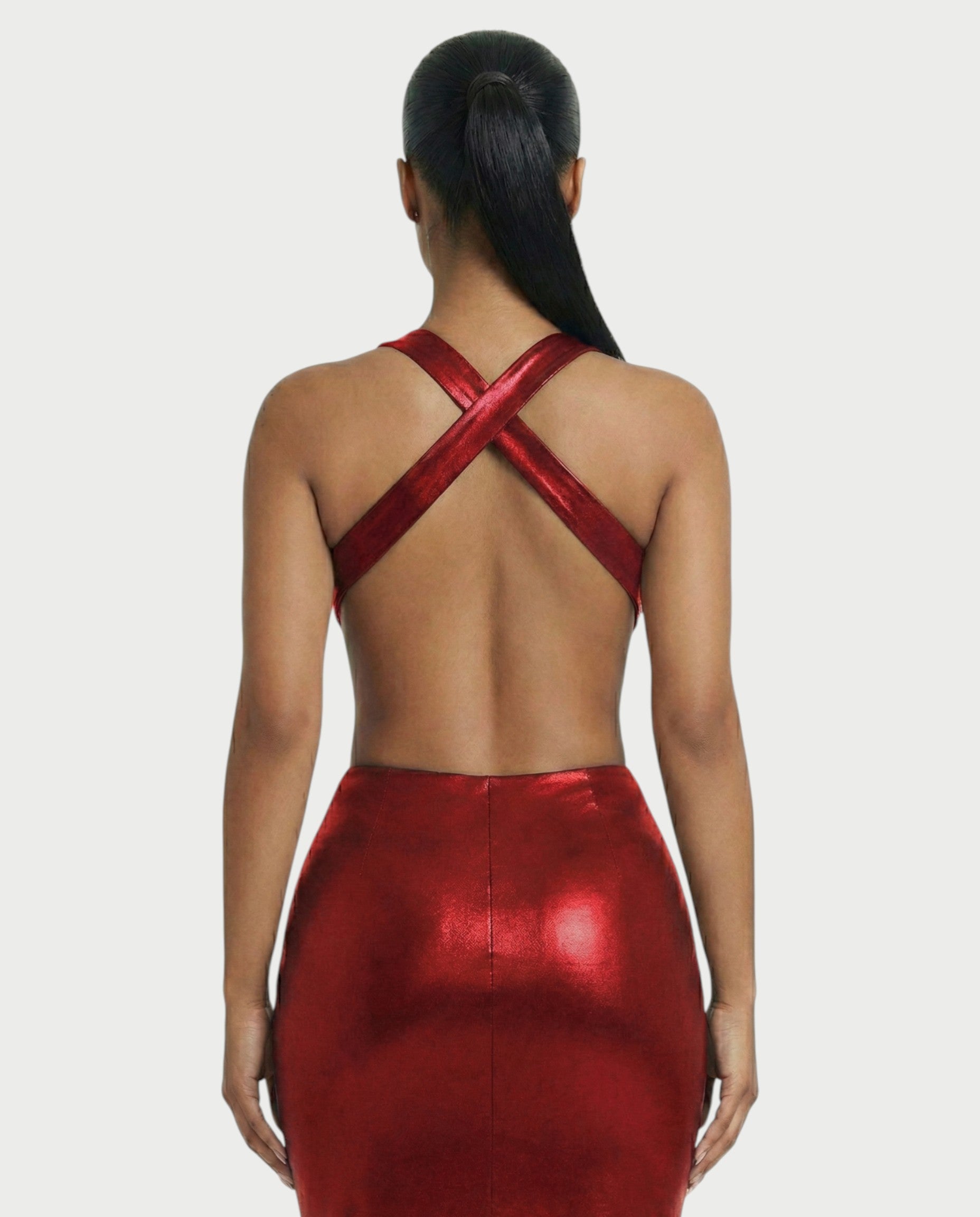 RINEYA Metallic Cutout Halter Neck Maxi Dress