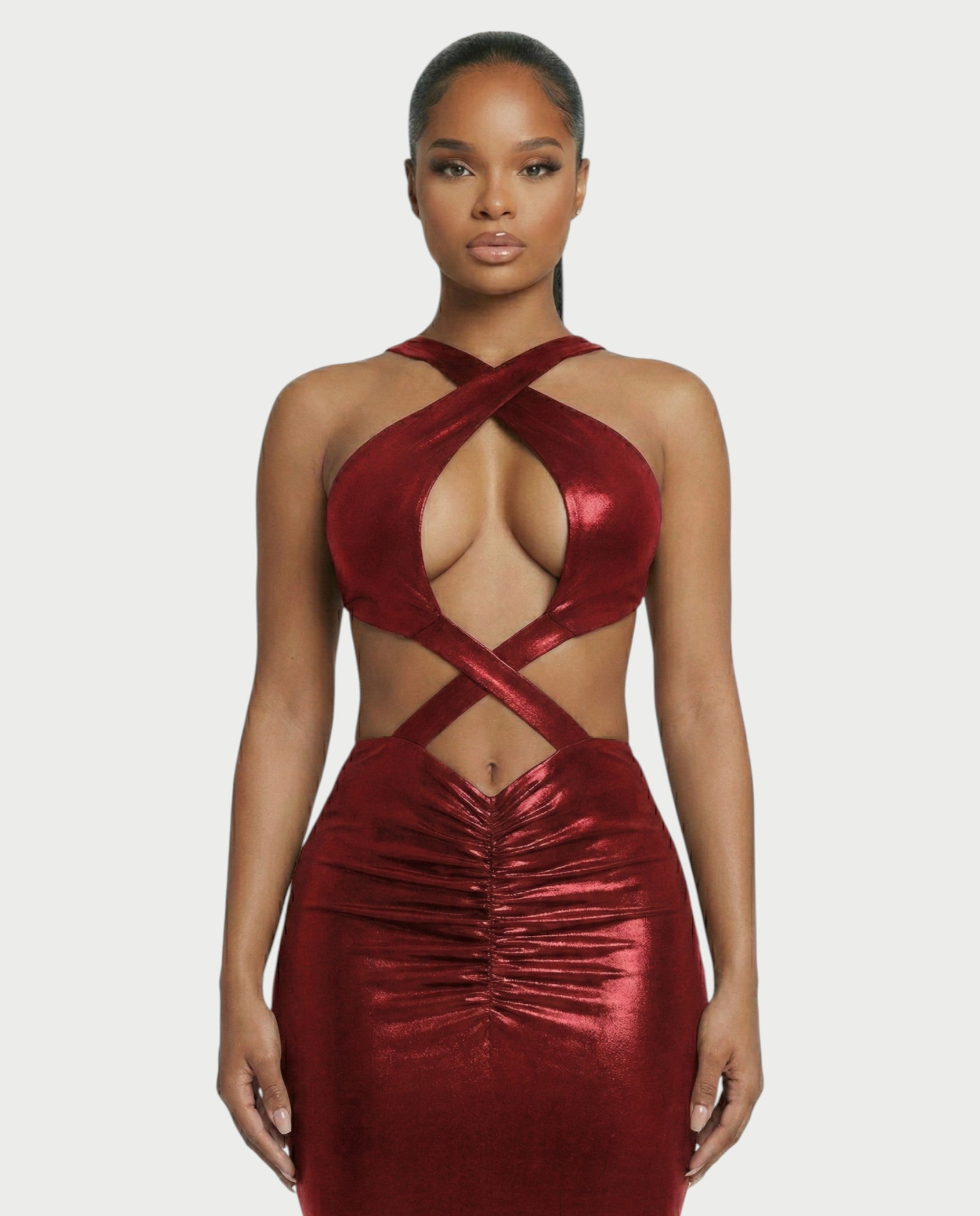 RINEYA Metallic Cutout Halter Neck Maxi Dress