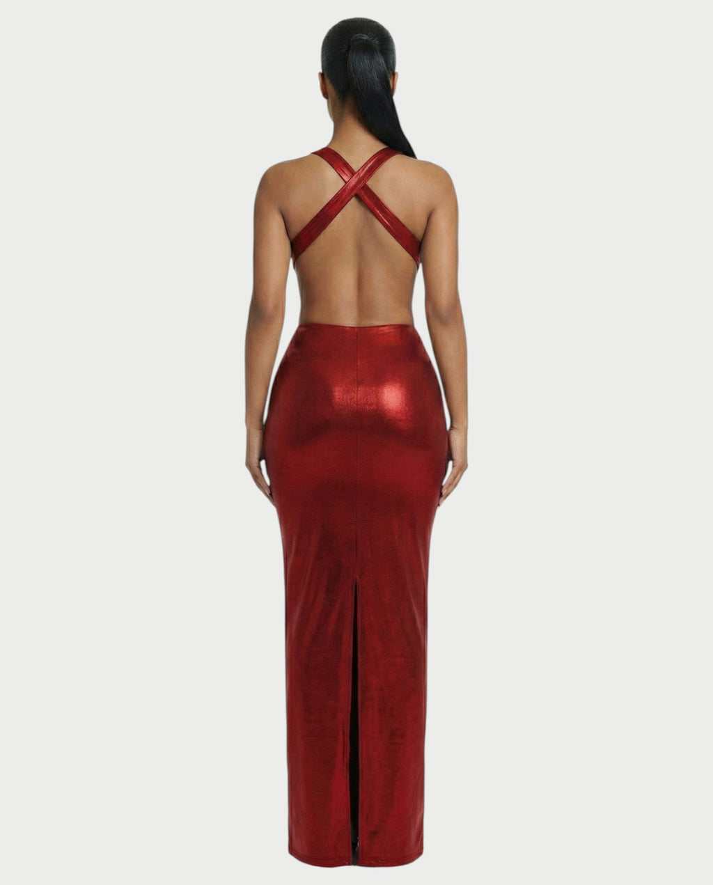 RINEYA Metallic Cutout Halter Neck Maxi Dress