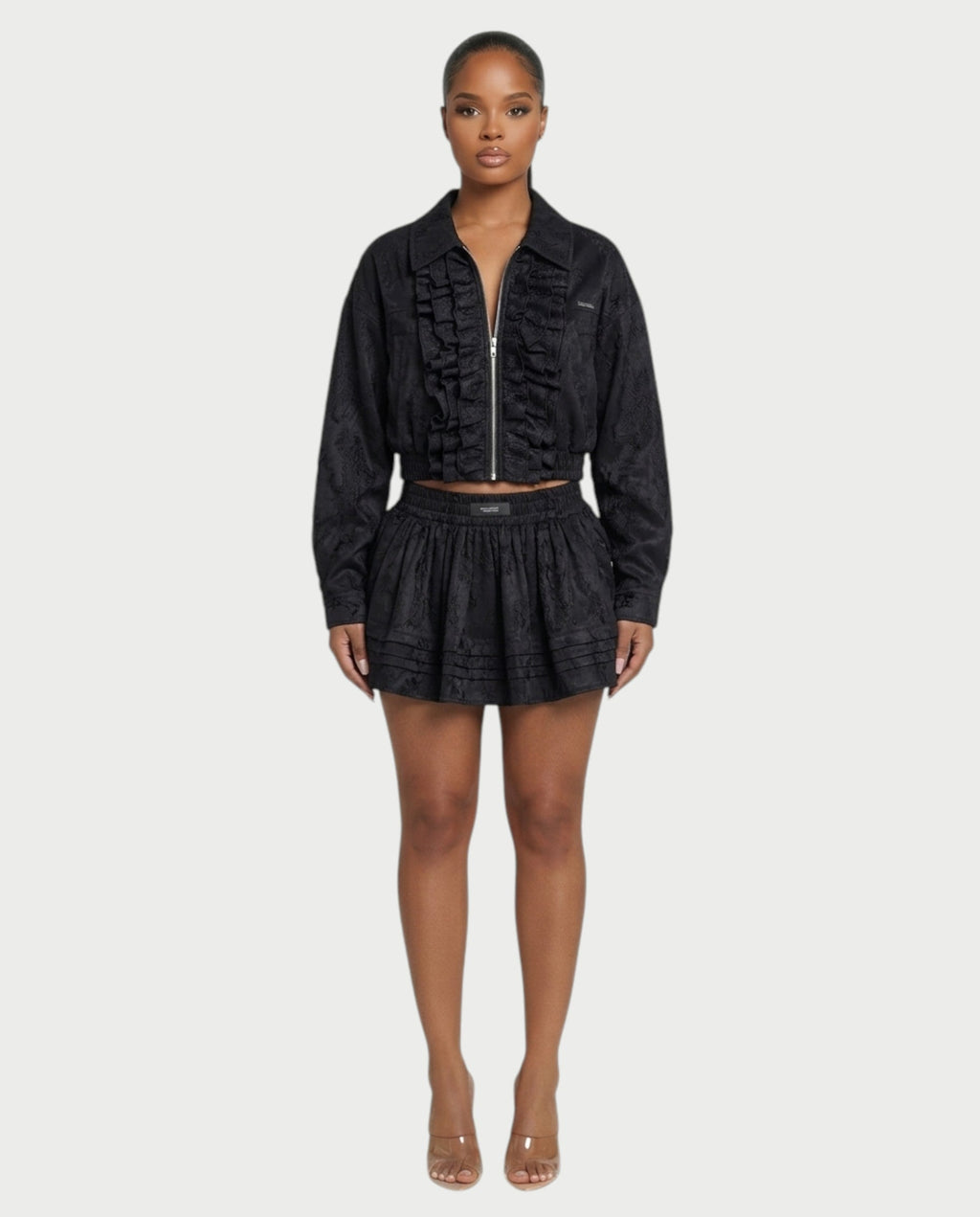 VETTE Ruffled Lace Zip-Up Jacket & Mini Skirt Set