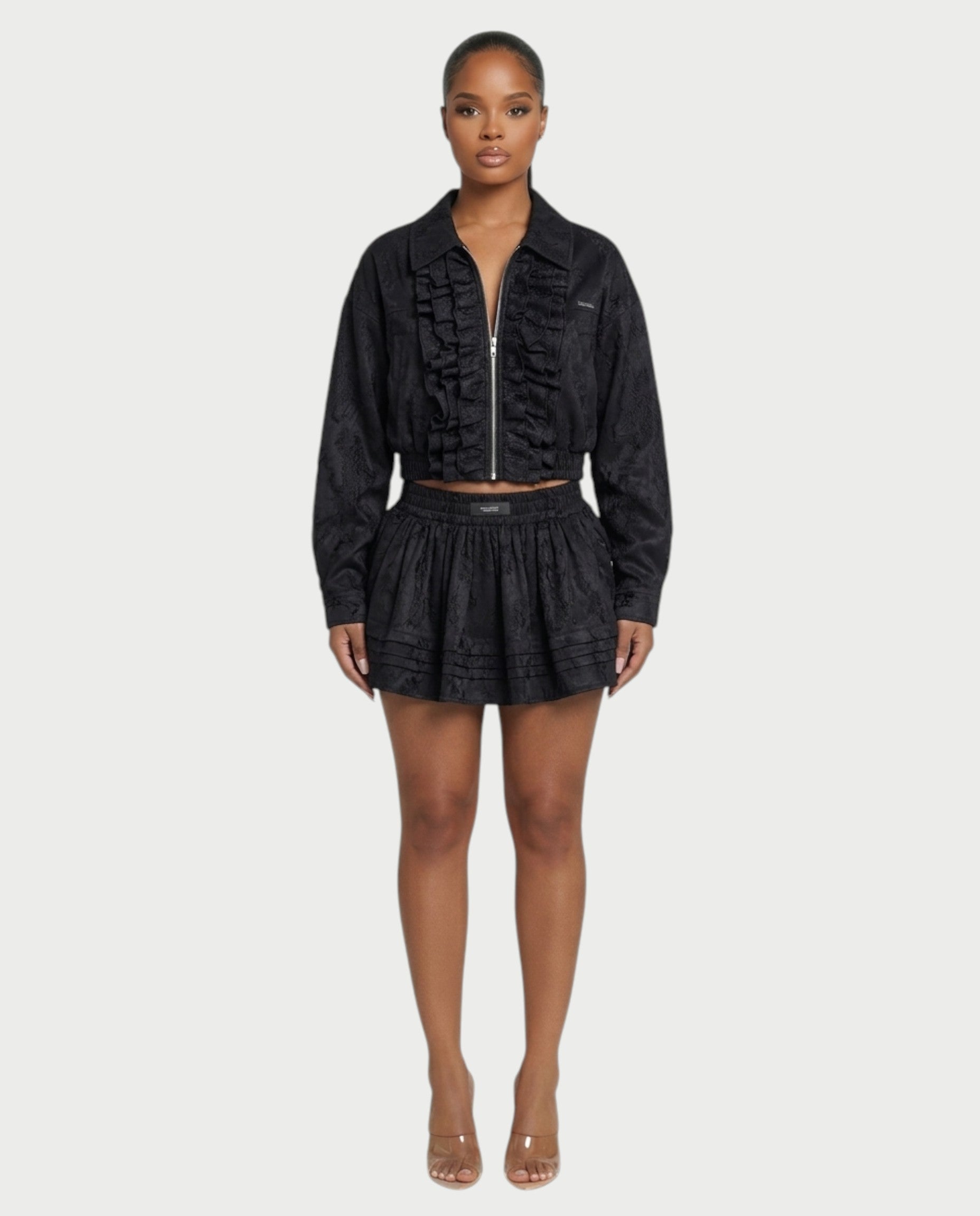 VETTE Ruffled Lace Zip-Up Jacket & Mini Skirt Set