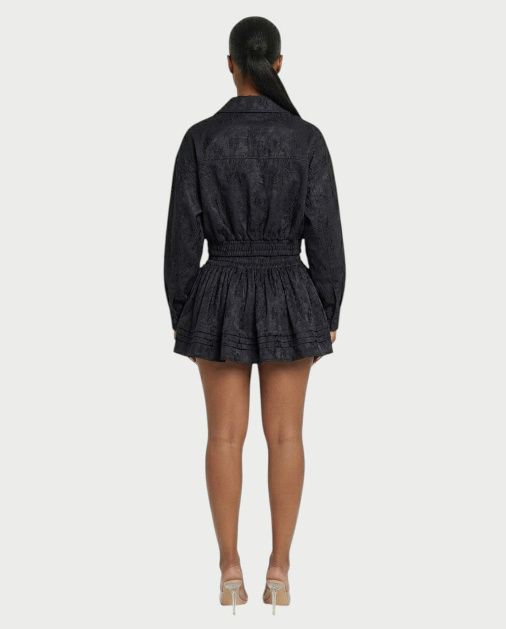VETTE Ruffled Lace Zip-Up Jacket & Mini Skirt Set