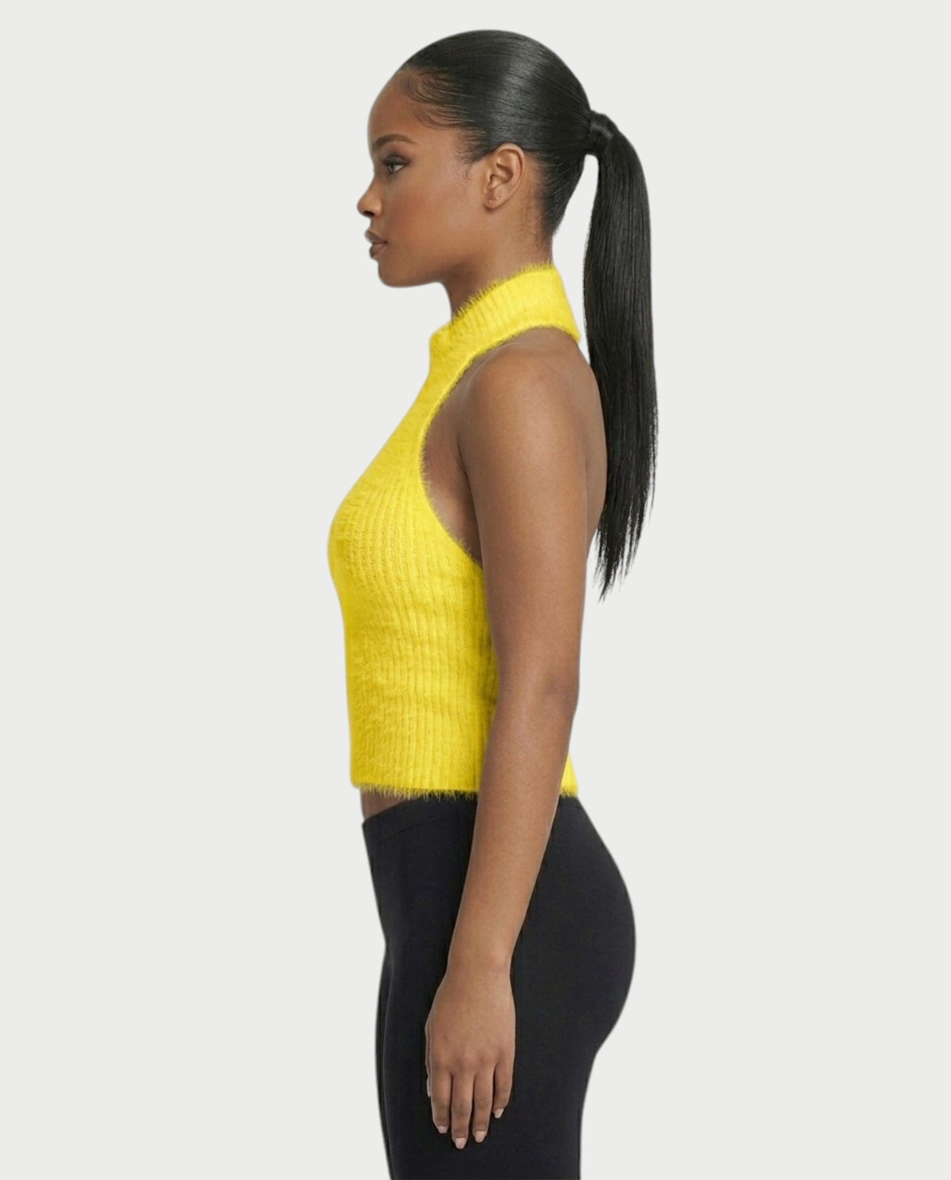 RALYN Fuzzy Ribbed Halter Neck Knit Top