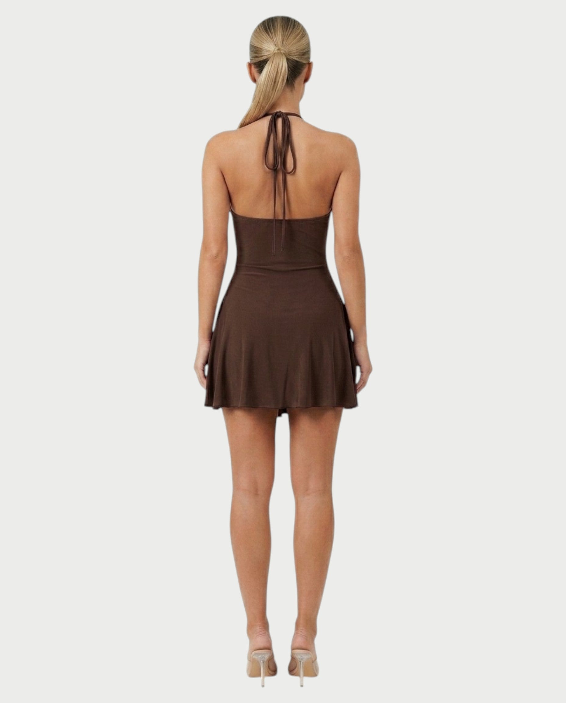 AVIELLE Halter Chain Medallion Drape Mini Dress